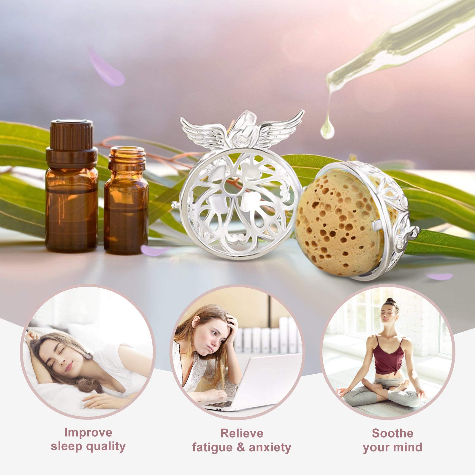 EUDORA Harmony Ball Collana Aromaterapia Ciondolo con Oli Essenziali per Donna, Collana con Diffusore Regalo di Gioielli per Ragazze con 7 Pezzi di Pietra Lavica, 24 Pollici