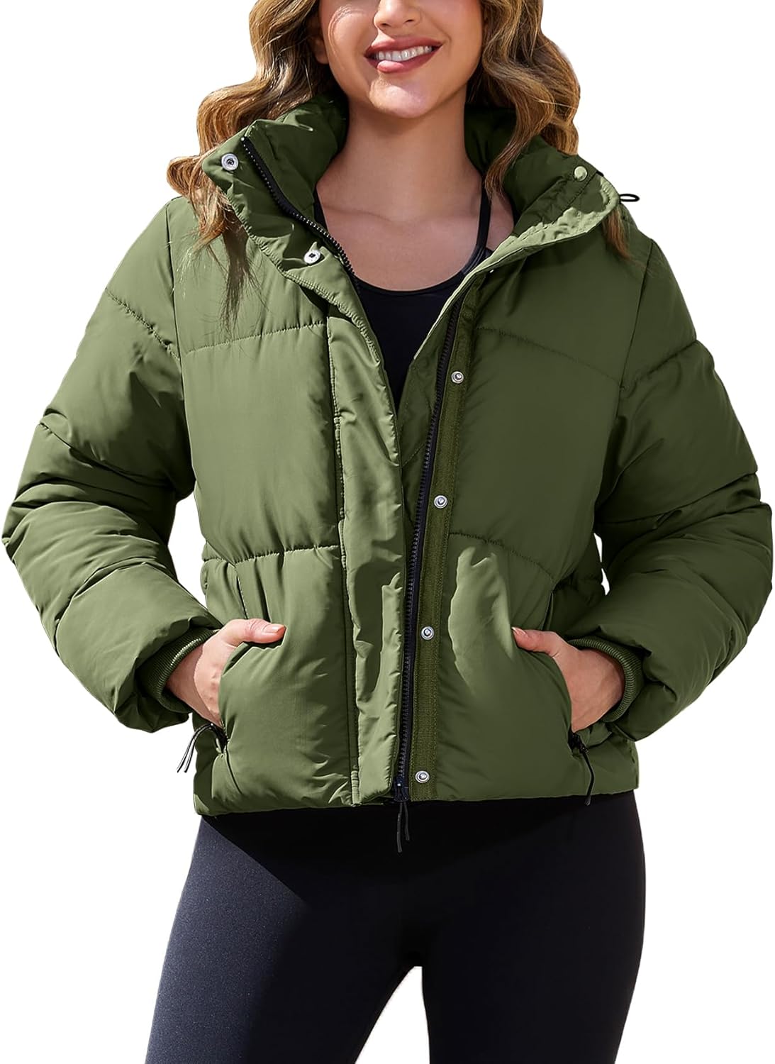 PEHMEA Women's Winter Cropped Puffer Jacket, Full Zip Thicken Short Coat with Detachable Hood