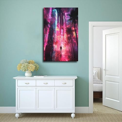 Miniatura 4 de XAHOR Póster estético Vaporwave - Impresión artística retro Cyberpunk con ciudad neón y palmeras, lienzo decorativo y arte de pared, póster moderno