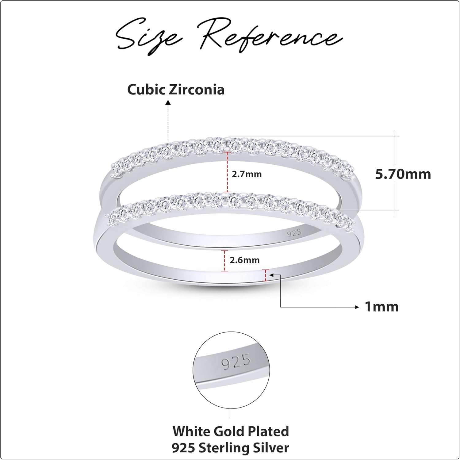 AFFY Round Cut White Cubic Zirconia Enhancer Guard Ring for Women – 14K Gold Over Sterling Silver Double Band Ring Wrap for Engagement & Wedding Rings - Image 3