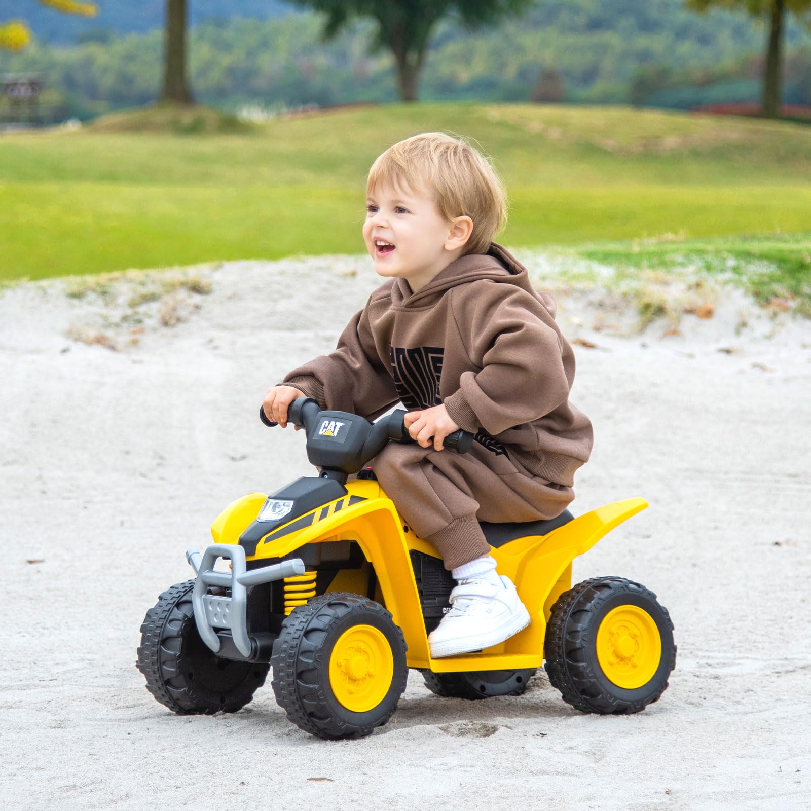 DREAMADE Quad Électrique Caterpillar 6V Enfants,Voiture Électrique Enfants 18-36 Mois avec Pédale,4 Roues Antidérapantes,Phare LED,Klaxon,2,8 km/h,ATV pour Garçons Filles Charge 25KG (Jaune)