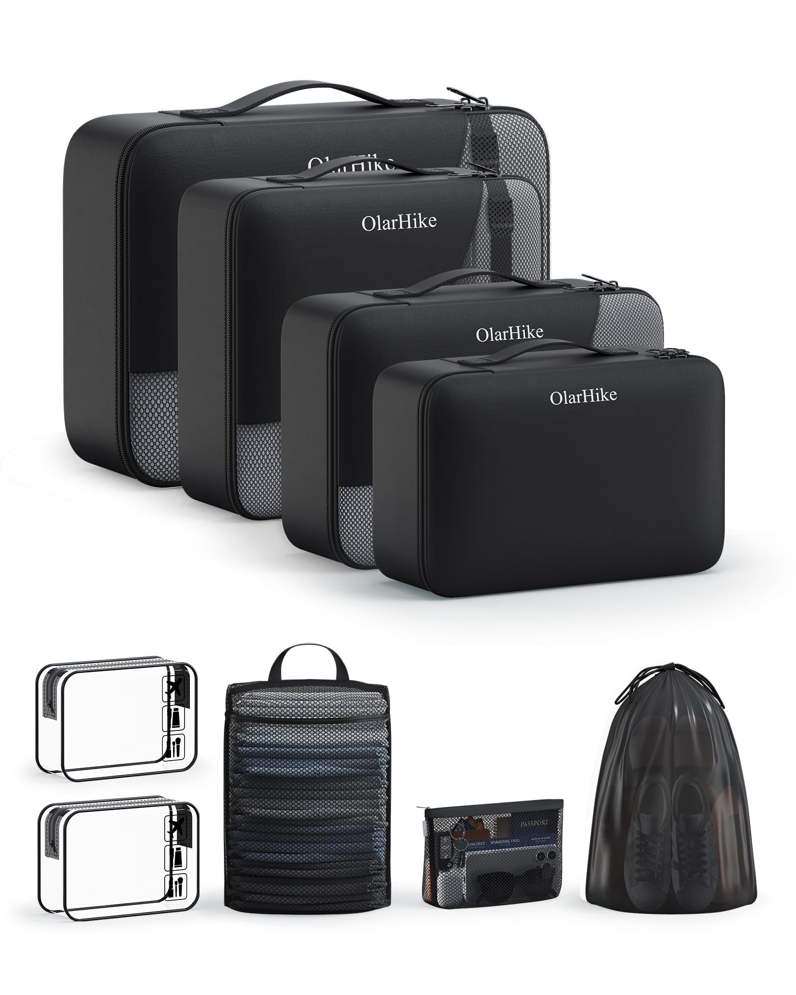 OlarHike Packing Cubes for Travel,Gifts for Women Mom,Anti-Tearing Suitcase Organizer for Luggage with Shoe &amp; Hanging Toiletry Bag,Vacation Essentials &amp; Accessories for Cruise Ship,9 Set,Black