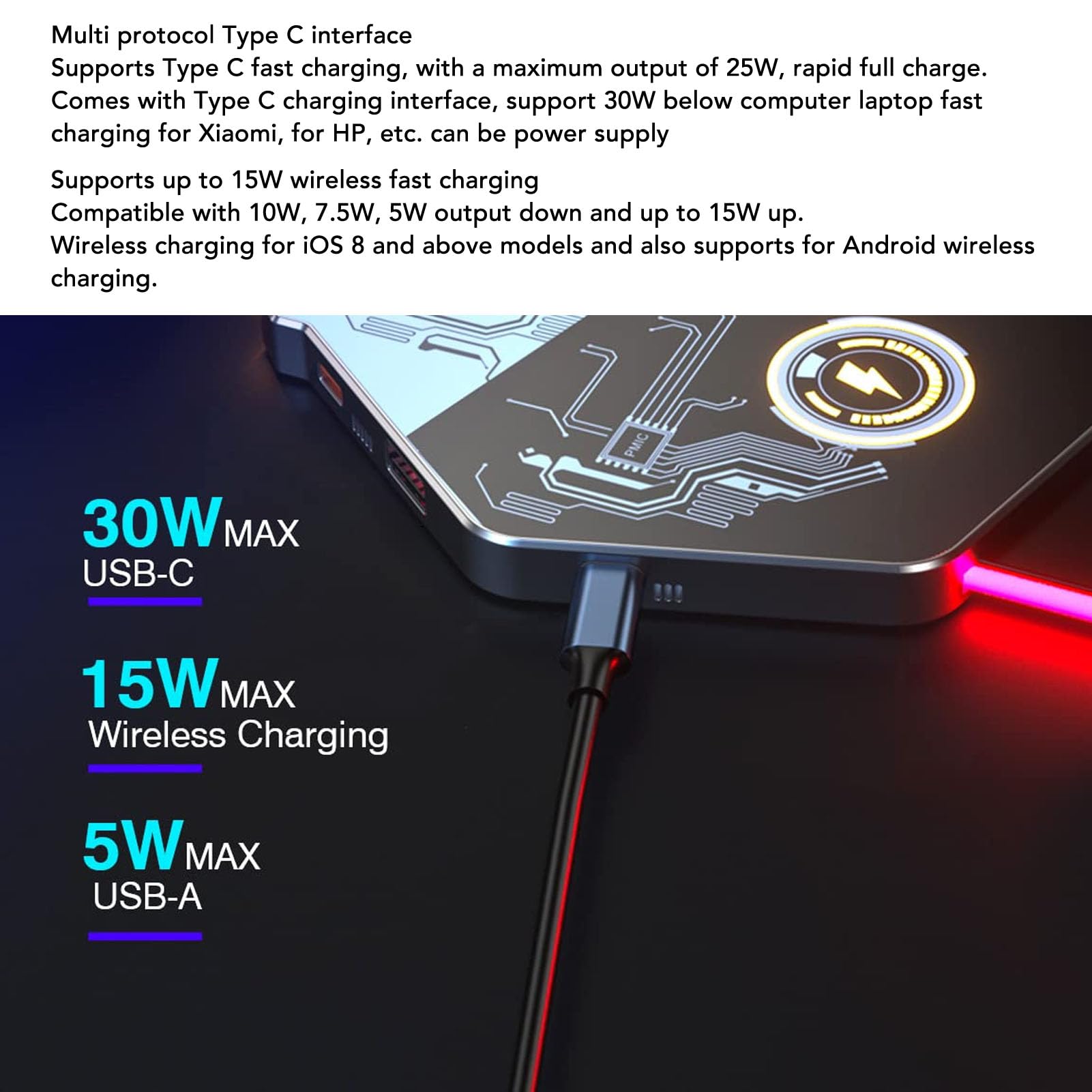 Yctze Tappetino per Mouse da Gioco RGB da 80 Cm, Tappetino per Mouse LED Wireless, per in Tessuto Lavorato a Maglia con Ricarica Cablata PD da 30 W e Ricarica Wireless da 15 W, Ideale per la