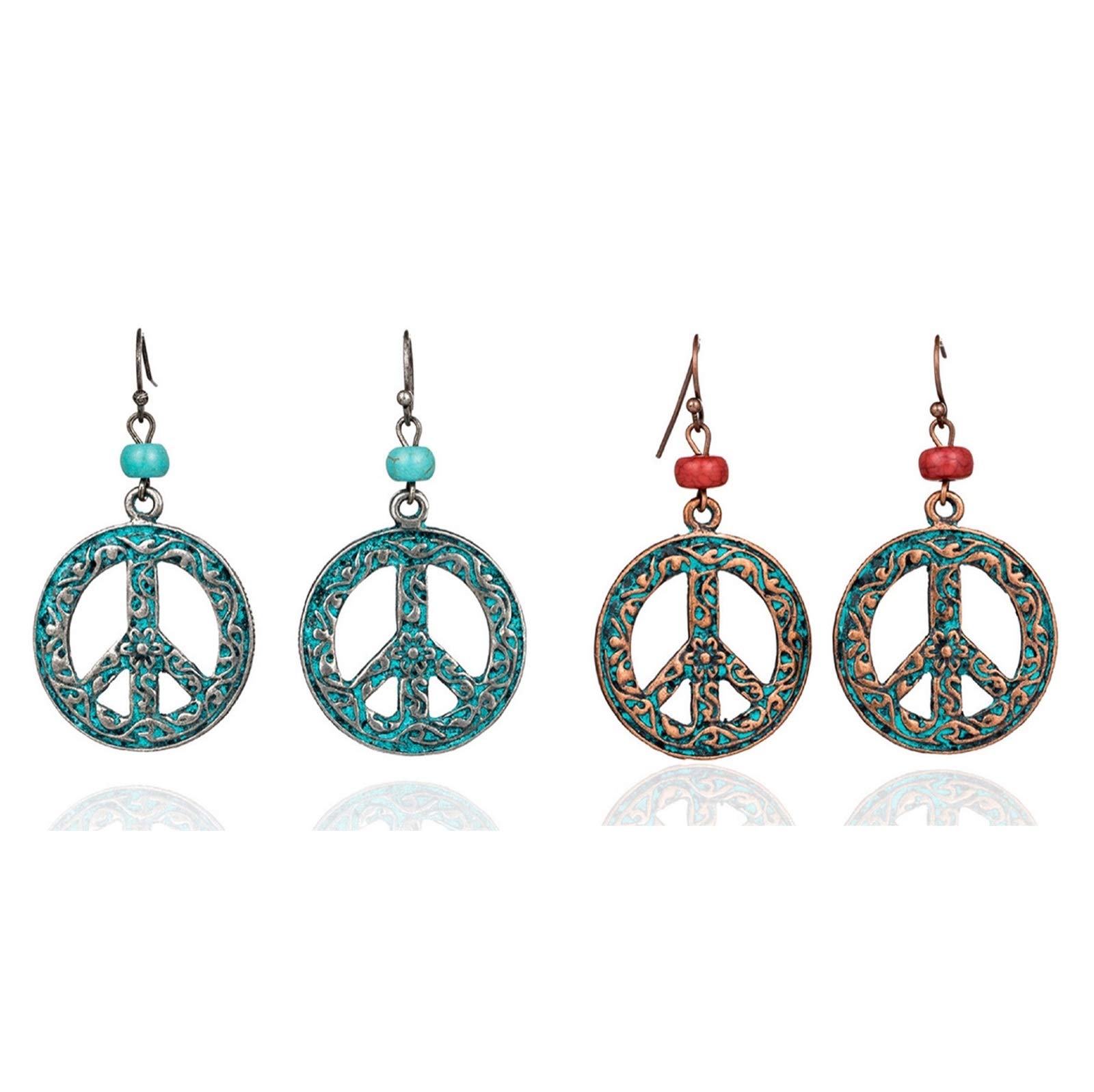 tenghong2021Vintage Peace Sign Dangle Earrings Set Antique Silver Round Peace Love Sign Symbol Hook Earrings Hollow Carved Flower Drop Earrings for Women Girls Retro Jewelry