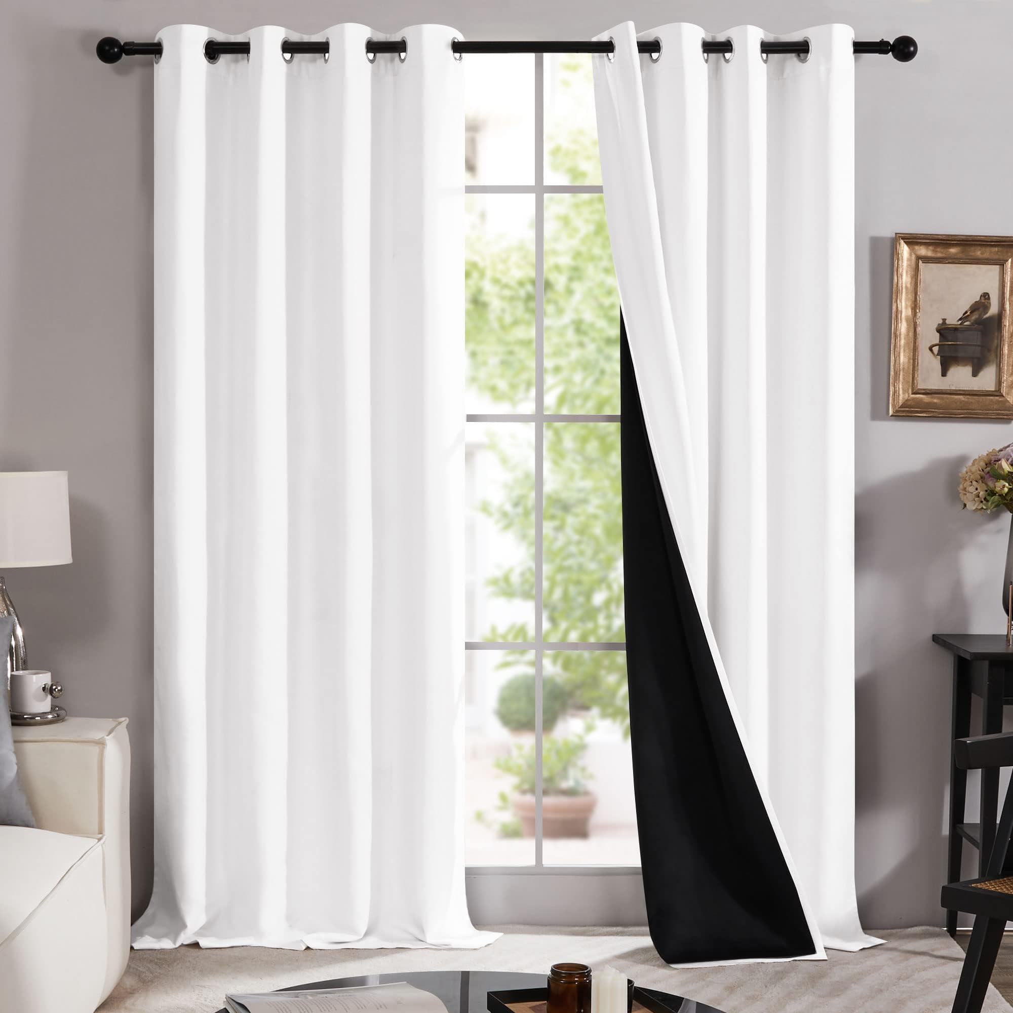 Full Blackout Curtains Double Layer Liner Drapes for Window White Blackout Curtains for Living Room Grommet Top Curtains 52Wx 84L Inch Pure White 1 Pair