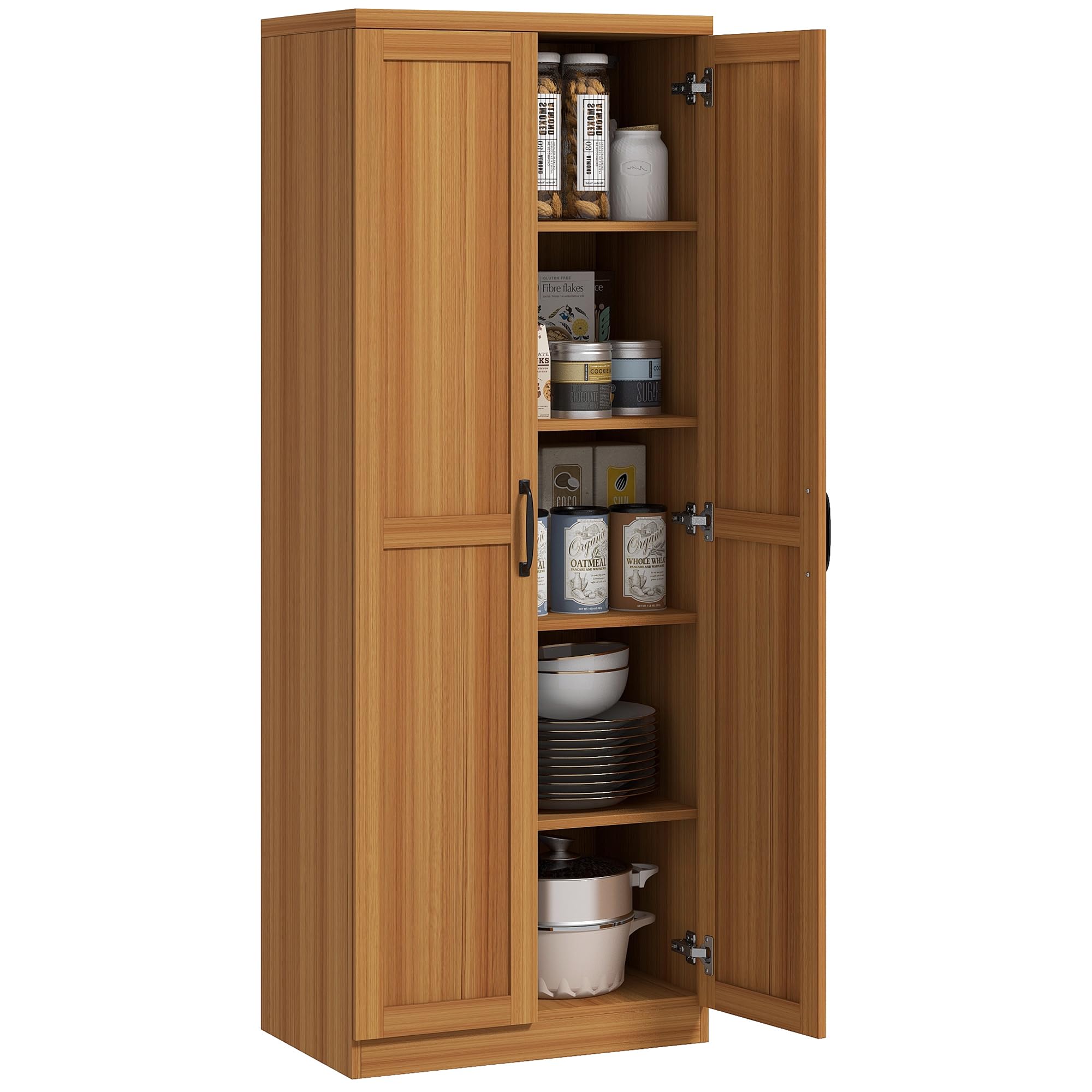 HOMCOM 63" 2-Door Kitchen Pantry, Freestanding Storage Cabinet with 5-Tier Shelving and 2 Adjustable Shelves for Dining Room, Teak Wood Grain