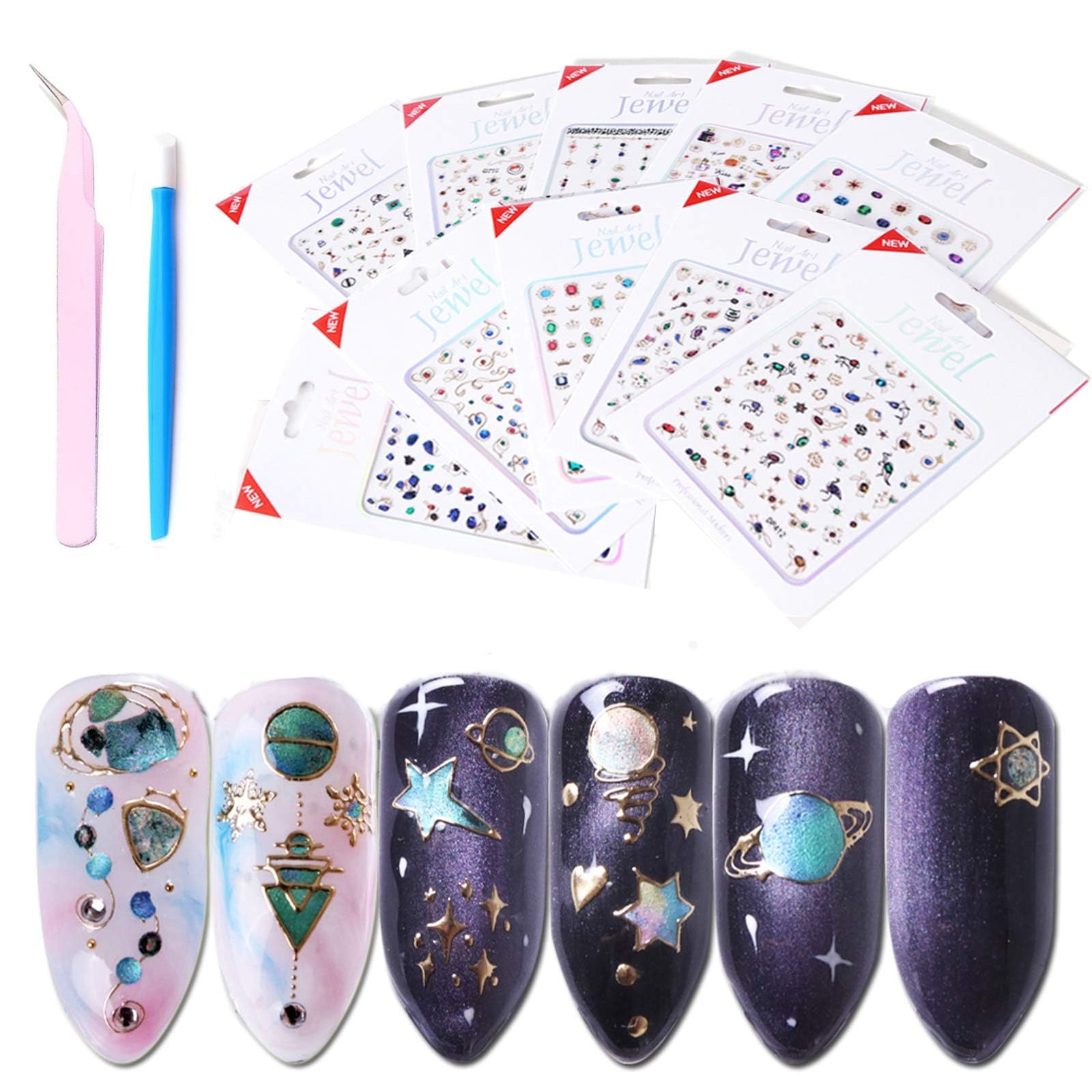 10 Sheets Luxury Nail Stickers for Girls - Stunning Gem Art in Multiple Crystal Bronzing Shapes,Colorful 3D Self-Adhesive Decals for DIY Nail Art with