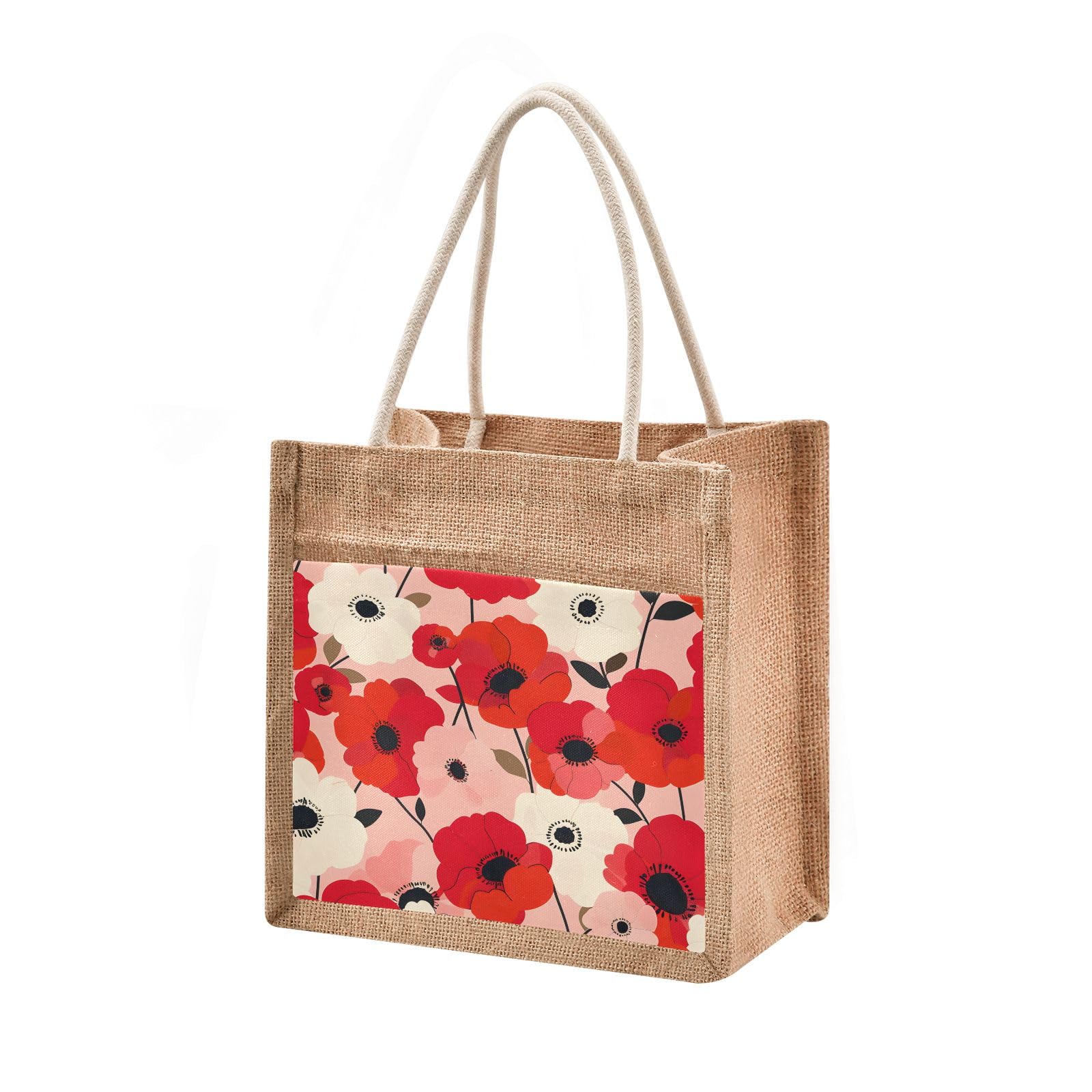 senya Canvas Tote Bag Women Beach Bag Burlap Beach Totes Grocery Shopping Travel Swim Gym Bags 9.8x9.8in Poppy Flowers Softpink Background Pattern