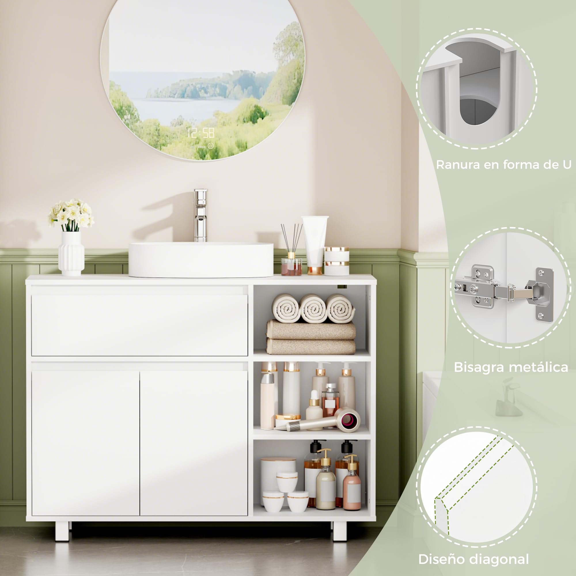 ANWBROAD Mueble Bajo Lavabo,Mueble Baño Auxiliar Armario Baño 64.5x30x90cm | Compartimento de Almacenamiento Oculto, 2 Puertas, 3 Estantes Abiertos Ajustables, Mueble bajo Lavabo con Patas Blanco