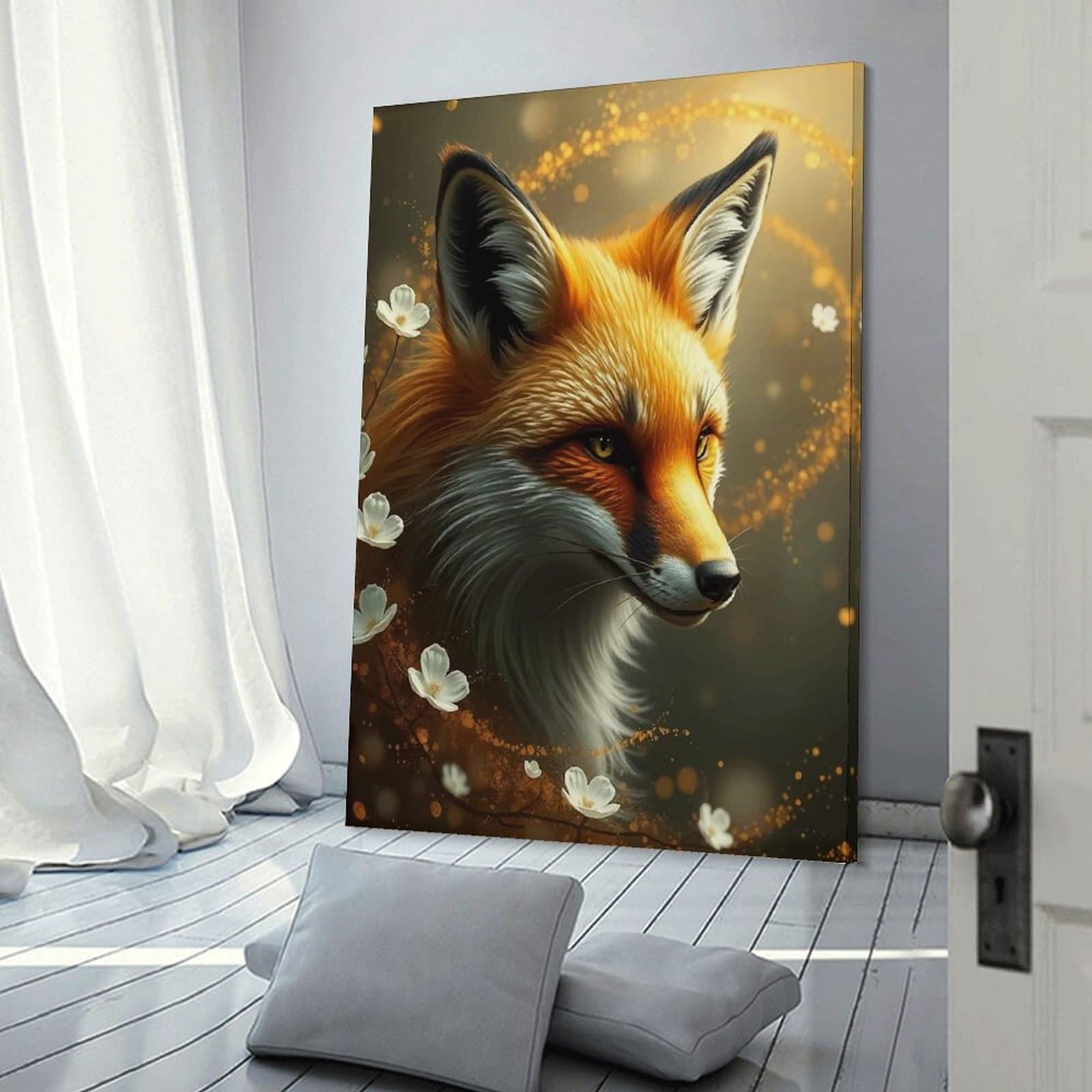 Junmoney Fox Portrait with Flowers Canvas Wall Decor, 24x36inch(60x90cm), for Gallery Wall Decor And Room Displays, Wall Decor Suited to Curated Displays