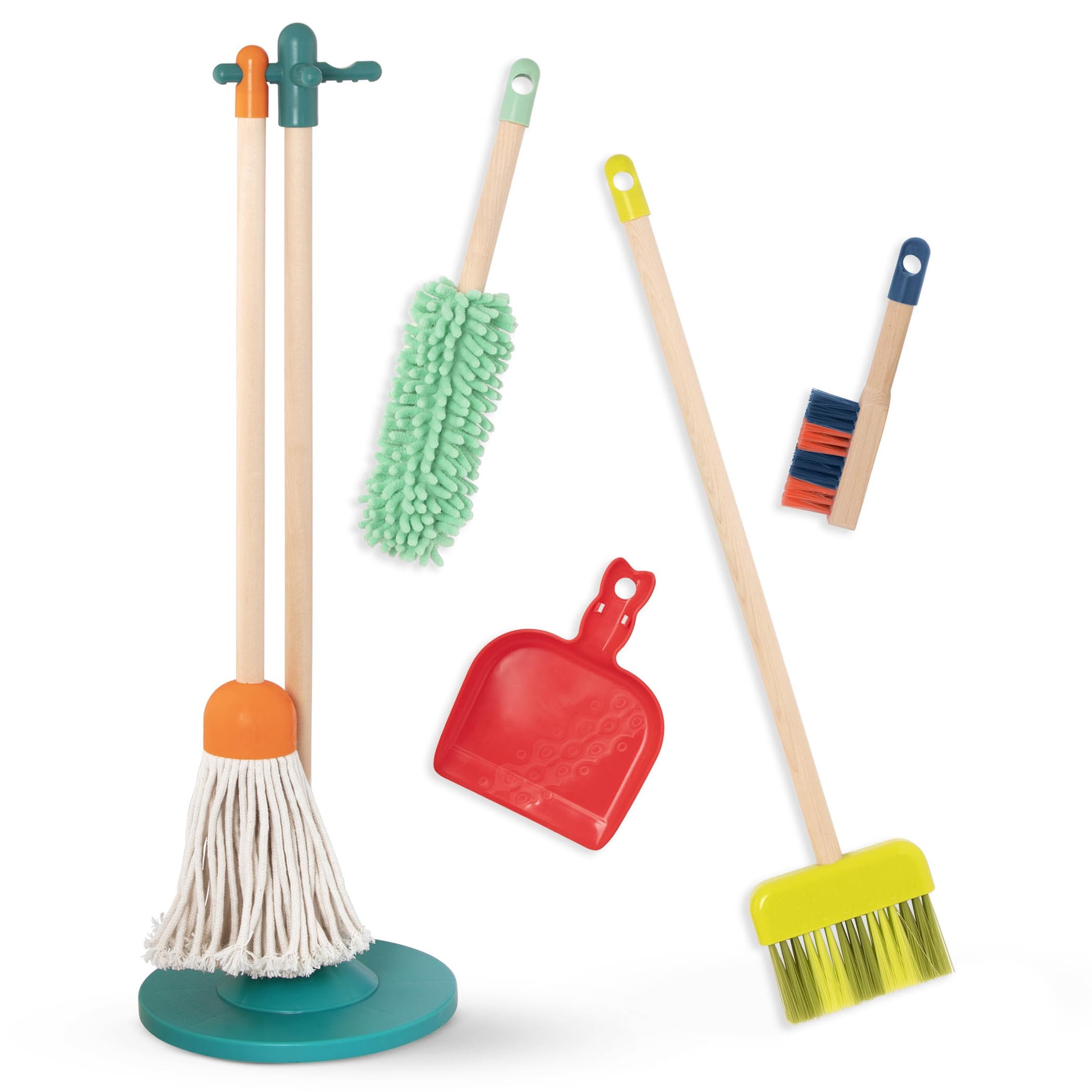 B. toys - Pulire e giocare - Set per la pulizia dei bambini - Giocattolo in legno - Kit di giochi di finzione per bambini e ragazzi - Scopa, mocio, spazzola, paletta, spolverino - 2 anni +