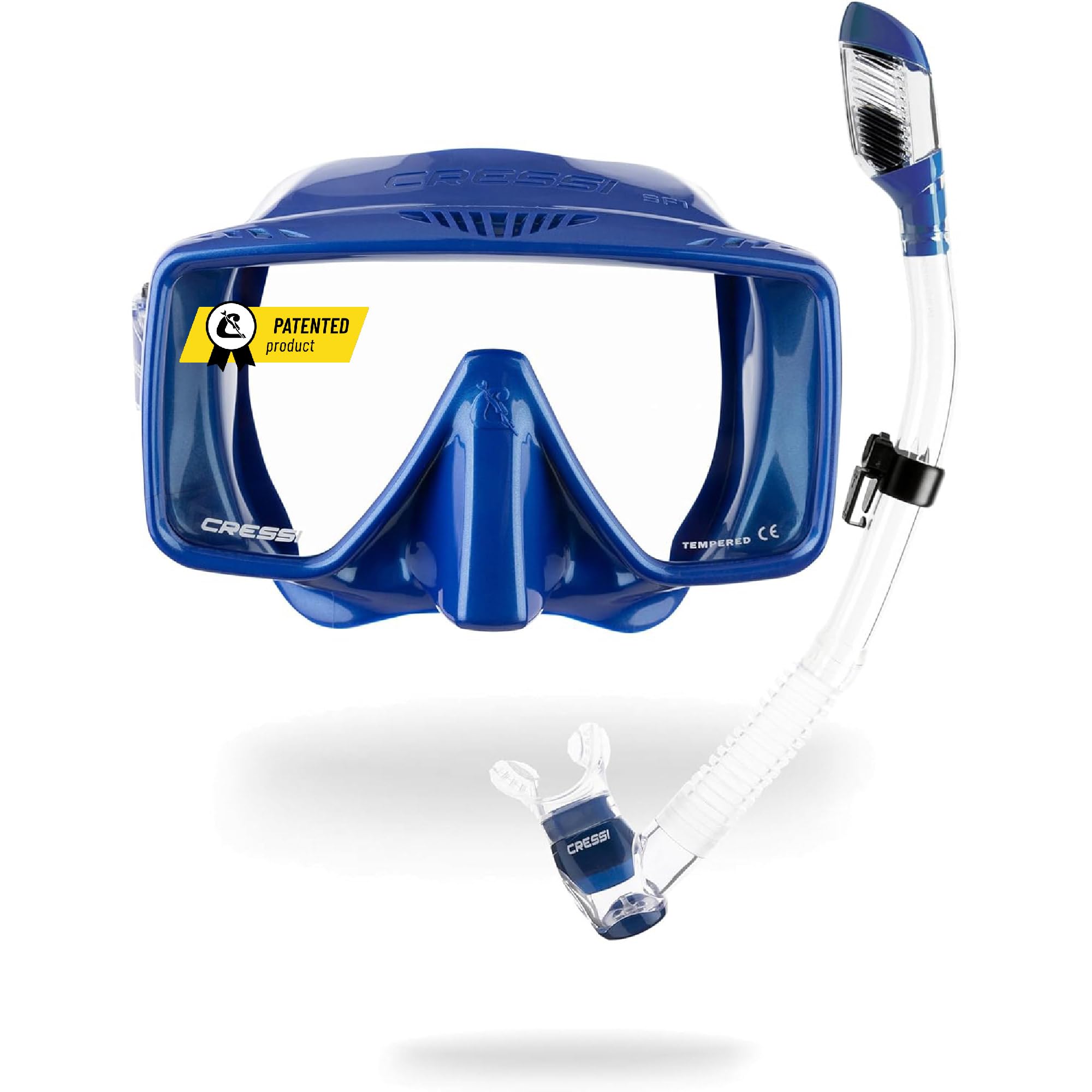 CRESSI since 1946 - SF1 & Dry Combo - Frameless Square Mask Set with Tempered Lens + Dry Snorkel ideal for Freediving and Snorkelling, Blue Metal/Blue Metal, One Size Unisex