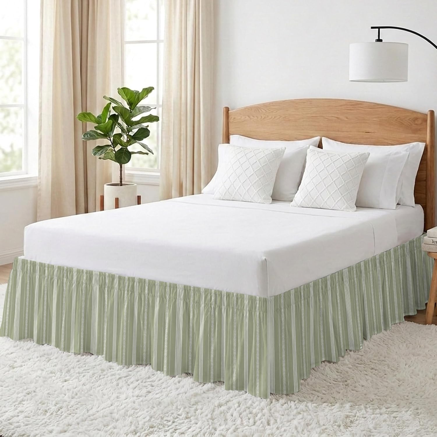 Boho Sage Green Bed Skirt King Size 16 Inch Drop, Adjustable & Elastic Wrap Around Bed Skirts Pleated Luxury Dust Ruffles for Twin Full Queen Cal King Base Bed, Minimalist Farmhouse Striped