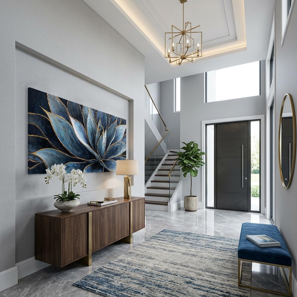 TEKMENT Blue Succulent Plants Wall Art for Bedroom Oil Painting Prints Canvas Beautiful Flower Navy Blue Gold Art Deco Vibrant Artwork Office Family Decor
