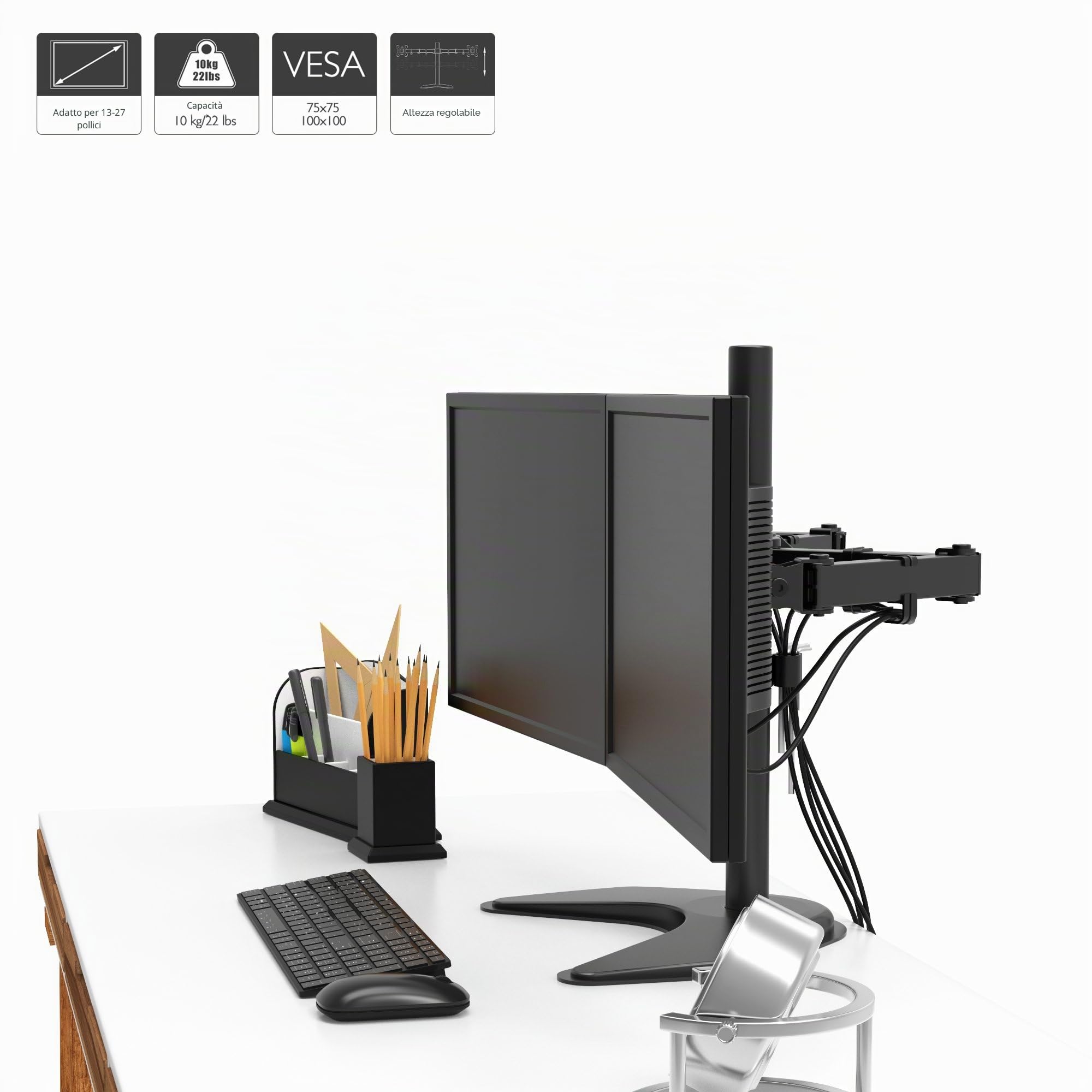 BONTEC Supporto Doppio Monitor Autoportante 13-27”, 10 kg, VESA 75/100 | Supporto da scrivania per 2 monitor LED LCD, stabile e regolabile, senza morsetto