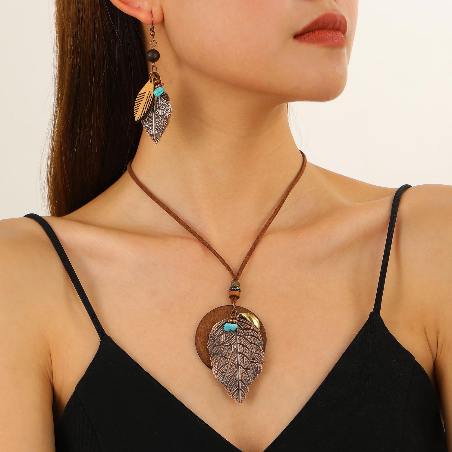 PLOUTOS Boho Leaf Pendant Necklace Earrings Set for Women, Brown Faux Leather Cord Wooden Disc Turquoise Bead, Lightweight Dangle, Adjustable