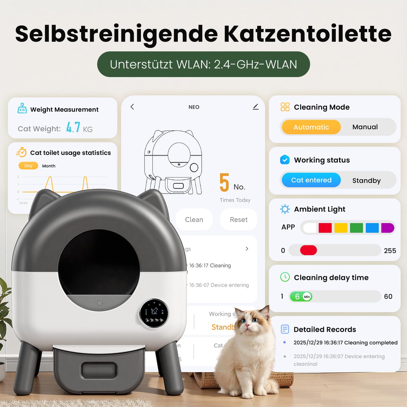 Arenero Gatos Autolimpiable,66L Arenero Autolimpiable con Sensores De Seguridad,6 Luces Ambientales,Arenero Eléctrico Autolimpiable para Gatos Control por App De 2.4 GHz y Protección Antipinzamiento