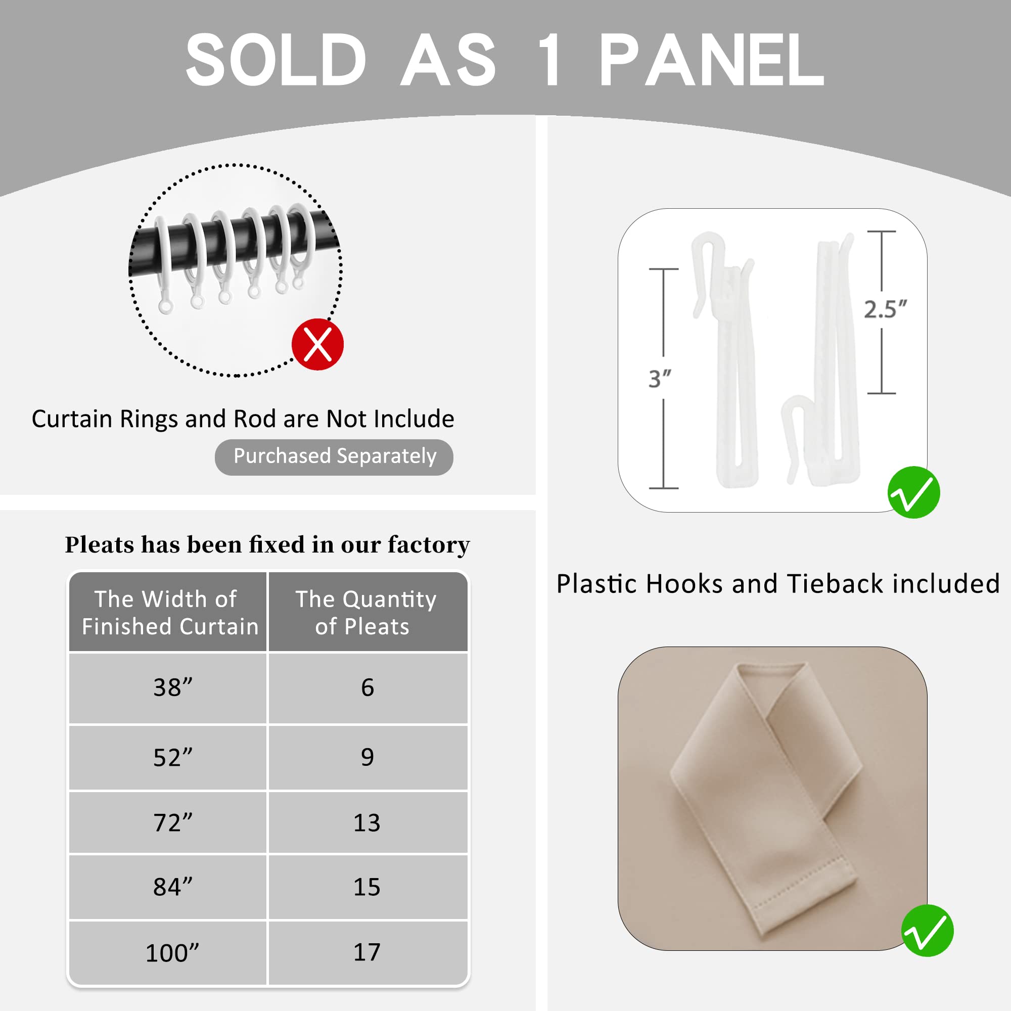 OYRING 38" W x 84" L Light Coffee Pinch Pleat Curtain with Tieback for Bedroom Thermal Insulated Room Darkening Pleated Curtain for Living Room Patio - Image 4