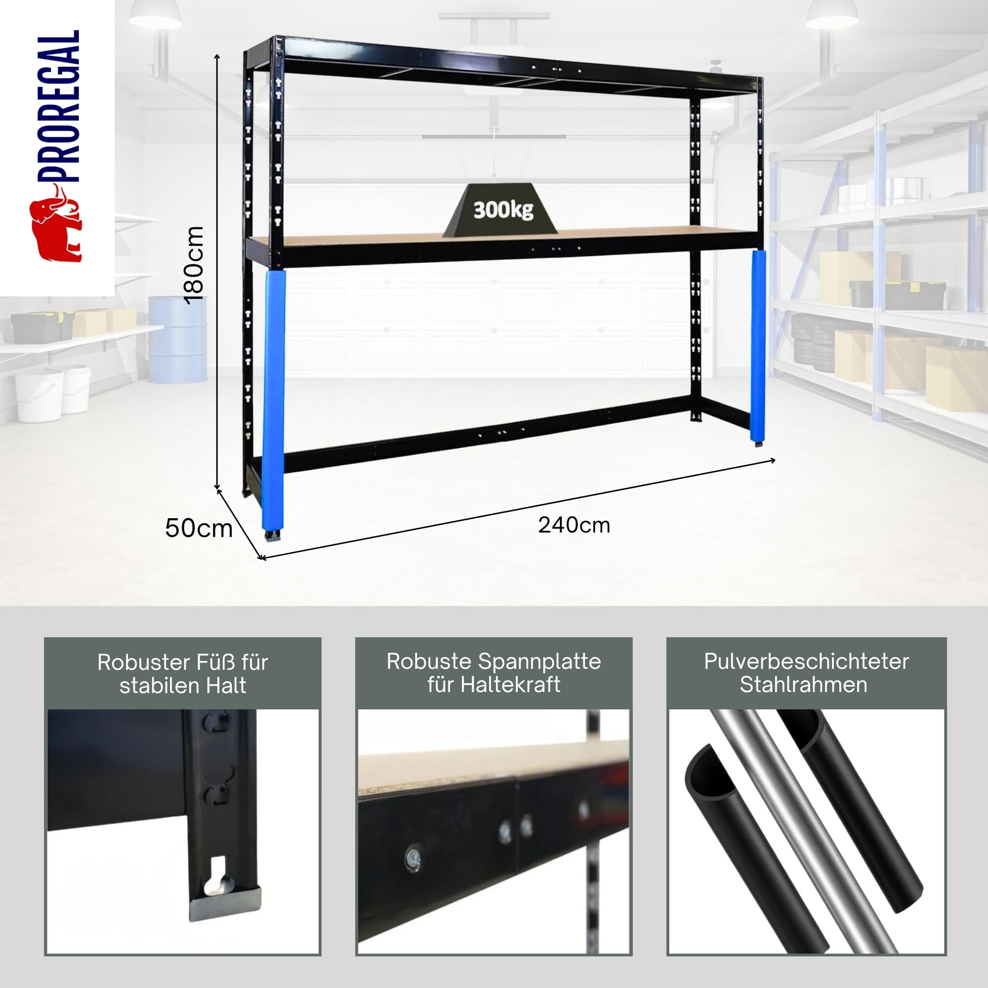 PROREGAL Garagenregal Hercules platzsparend unterfahrbar HxBxT 180x240x50cm 2 Lagerebenen Fachlast 300kg Schwarz Schwerlastregal Lagerregal