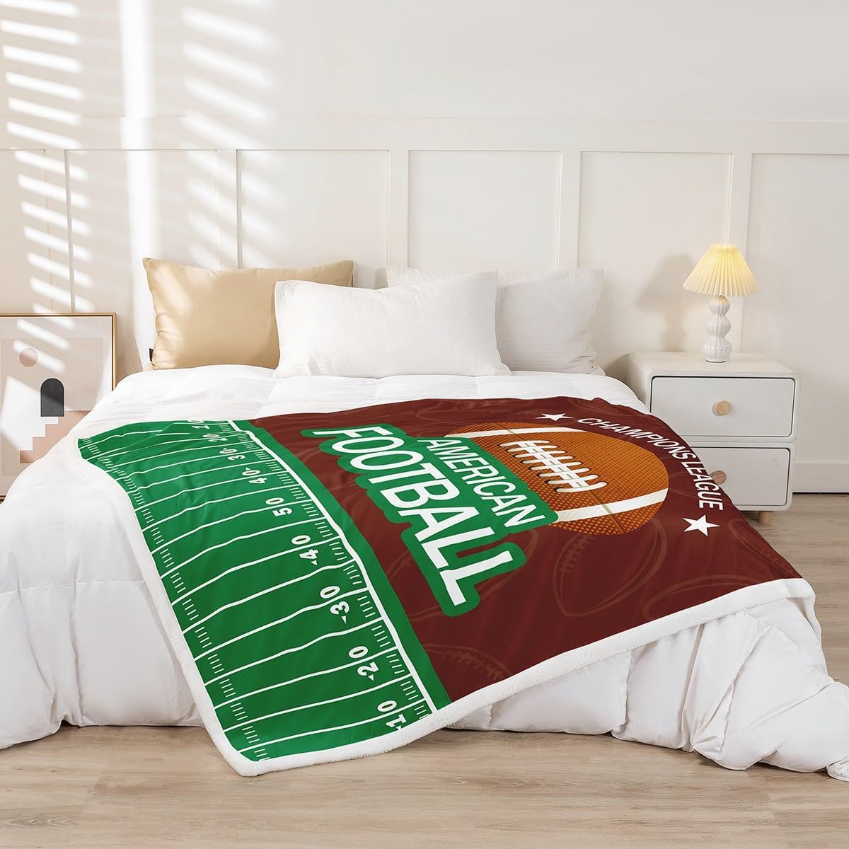 Feelyou Football Fleece Throw Blanket American Football Field Sherpa Blanket for Kids Boys Girls Rugby Ball Game Plush Blanket Soccer Ball Fuzzy Blanket for Sofa Bed Couch,Twin 60x80 Inches