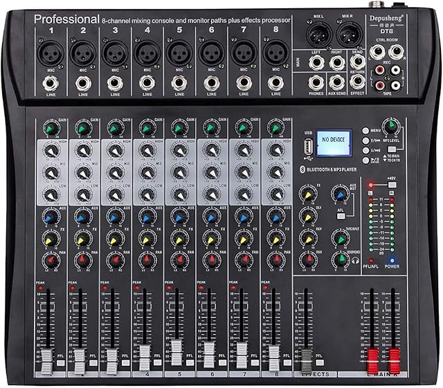 Depusheng DT8 Professional Mixer Sound Board Console 8 Channel Desk System Interface Digital USB Computer MP3 Input 48V Phantom Power Stereo DJ Studio FX Steel Chassis,Black