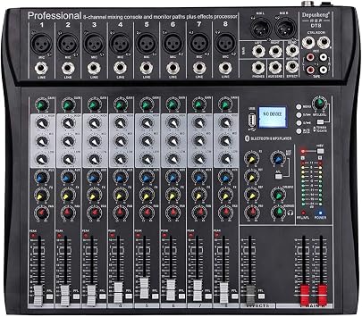 Depusheng DT8 Professional Mixer Sound Board Console 8 Channel Desk System Interface Digital USB Computer MP3 Input 48V Phantom Power Stereo DJ Studio FX Steel Chassis,Black