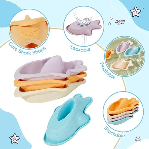 Miniatura 4 de Juguetes de baño, 16 unidades, juguetes de agua para bañera sin moho, con barcos flotantes seguros, cuchara y tazas apilables educativas tempranas,