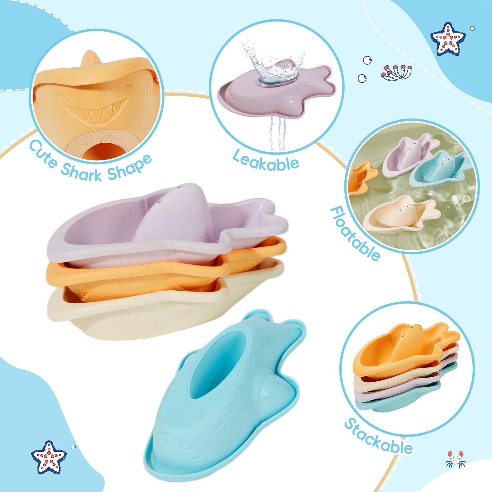 Juguetes de baño, 16 unidades, juguetes de agua para bañera sin moho, con barcos flotantes seguros, cuchara y tazas apilables educativas tempranas, regadera de fácil agarre y fácil de limpiar 4