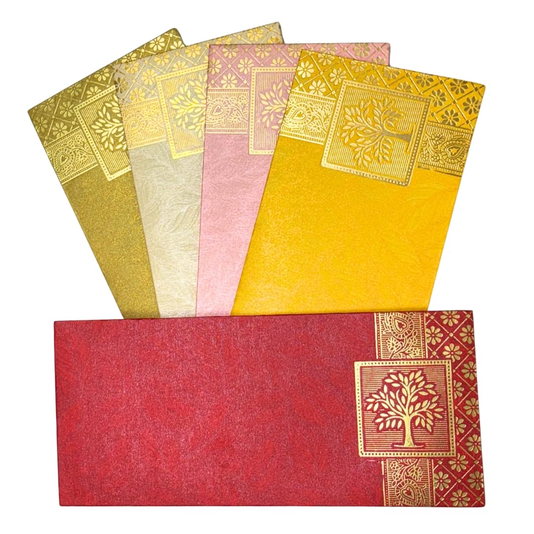 Vanya Creations Pack of 50, Rectangle Shape Metallic Paper Shagun Envelopes for Gifting Sagan Lifafa Wedding Occasion Cash Money, 18 X 8 cm, Multicolored 5 Colours of 10 Each - Gold Tree Design-picture-17