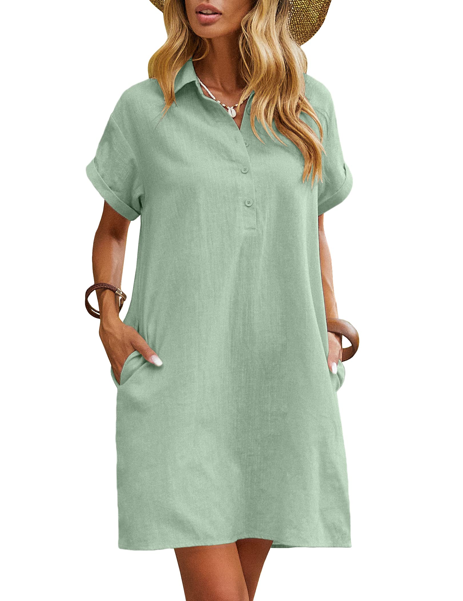 Zeagoo Women's Summer 100% Cotton Linen Dress Casual Short Sleeve Beach Dresses Tunic Dress with Pockets — view 13