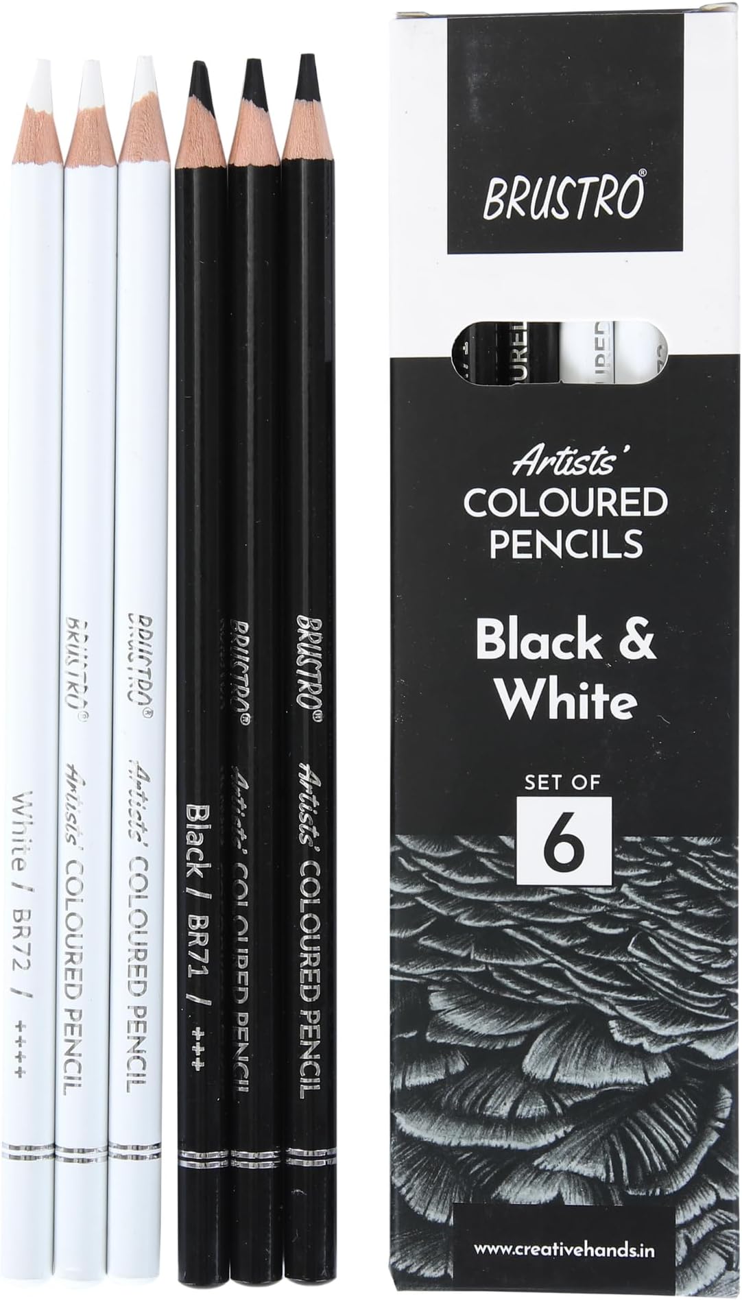 BRUSTRO Artists Coloured Pencils | Black & White | Set of 6 (3 Whites and 3 Blacks) | Ideal for Students and Adults, Color, Sketching, Shading, Drawing, Blending, Mandala Art, School, Office Use