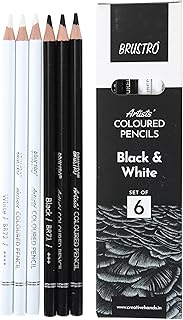 BRUSTRO Artists Coloured Pencils | Black &amp; White | Set of 6 (3 Whites and 3 Blacks) | Ideal for Students and Adults, Colo...