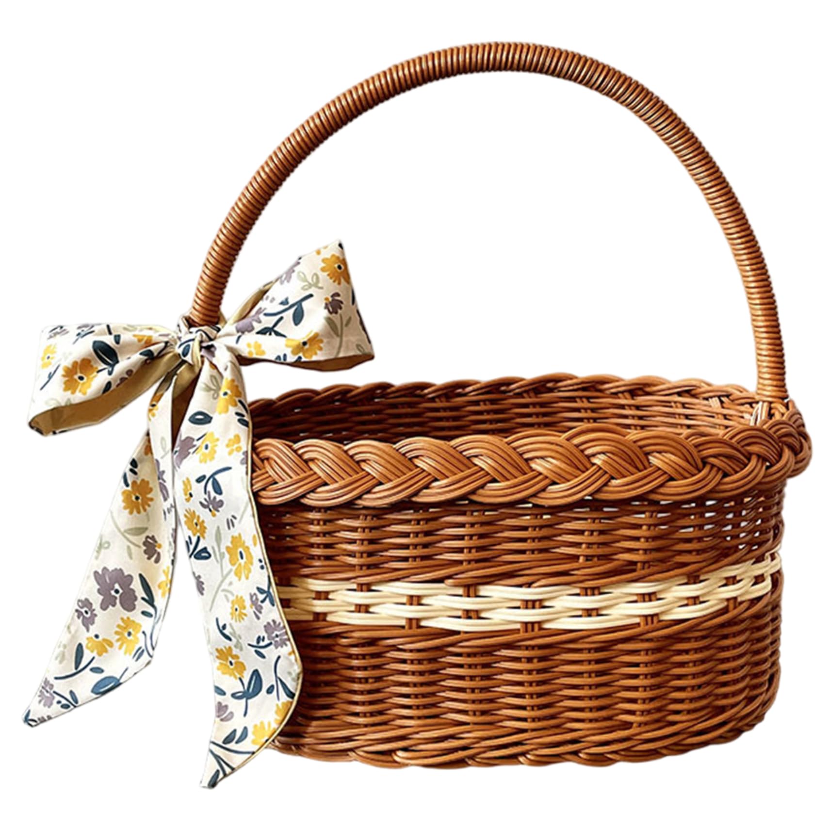 Cesto di vimini con manico, cestino in vimini con manico, grande, portatile, in rattan, picnic, con sciarpa, design vintage, cestino intrecciato per picnic, uova di Pasqua, fiori all'aperto