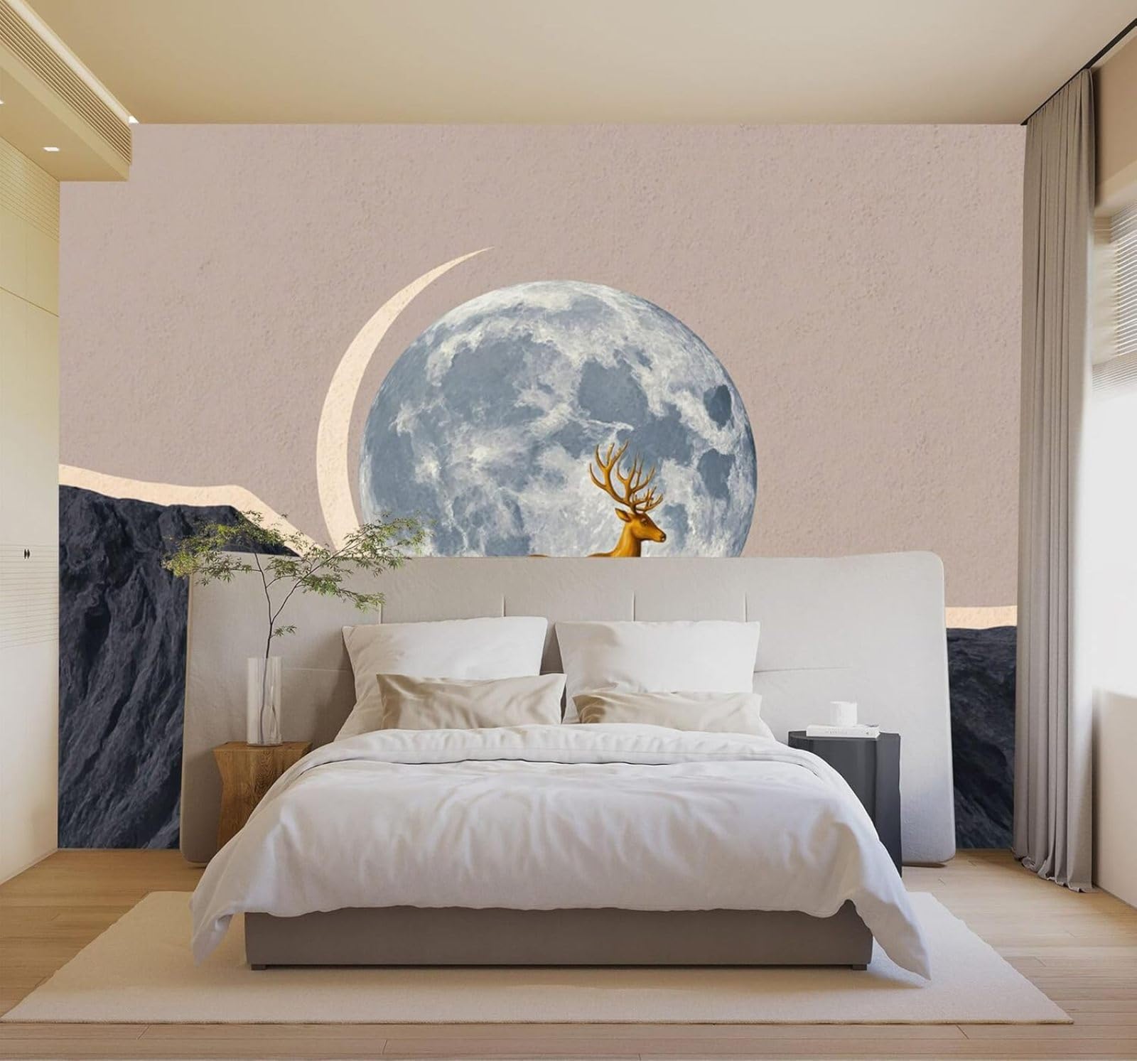 XLMING 3D Carta da Parati Cervo Dorato Colline Luna Piena Minimalista Cielo