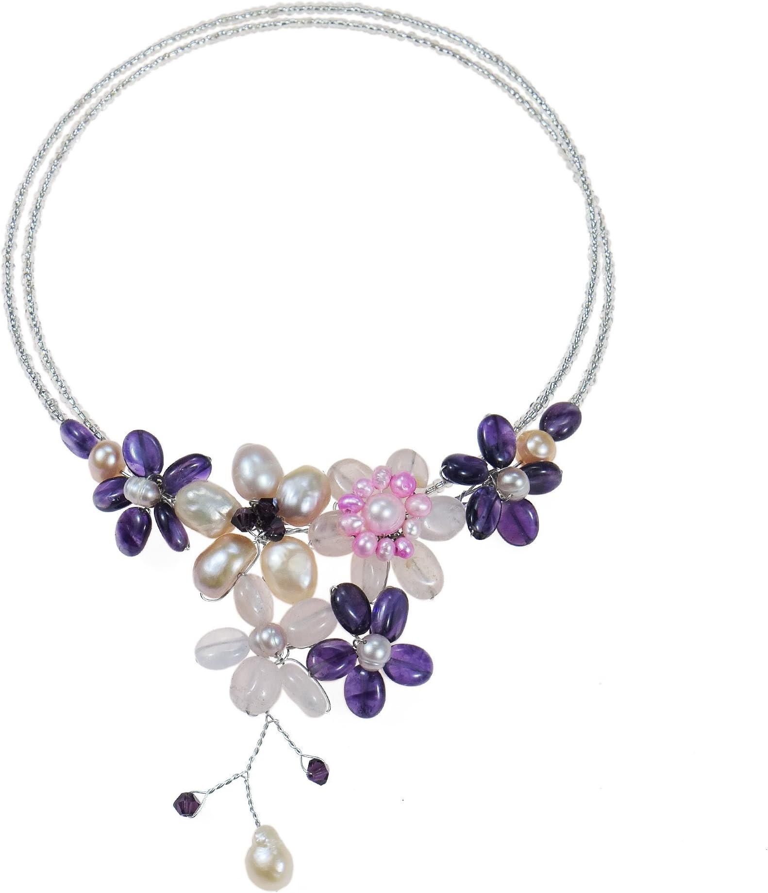 AeraVida Simulated Amethyst & Cultured Freshwater Pearls & Pink Glass Floral Choker Necklace | Freshwater Pearl Necklace | Floral Choker Necklace for Women | Amethyst Necklaces