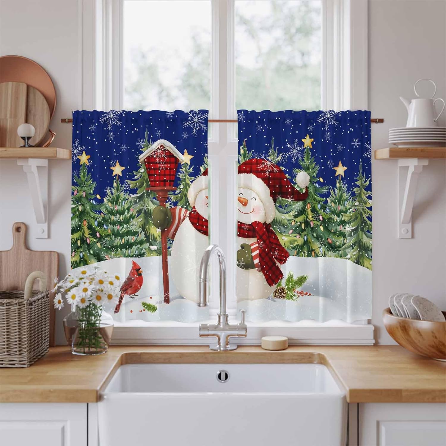 Navy Blue Snowman Christmas Kitchen Curtains 45 Inch Long 2 Panel Set,Rod Pocket Window Treatment,Green Xmas Tree Snowflake Winter Short Curtains & Drapes for Bathroom Laundry 52"W x 45"L