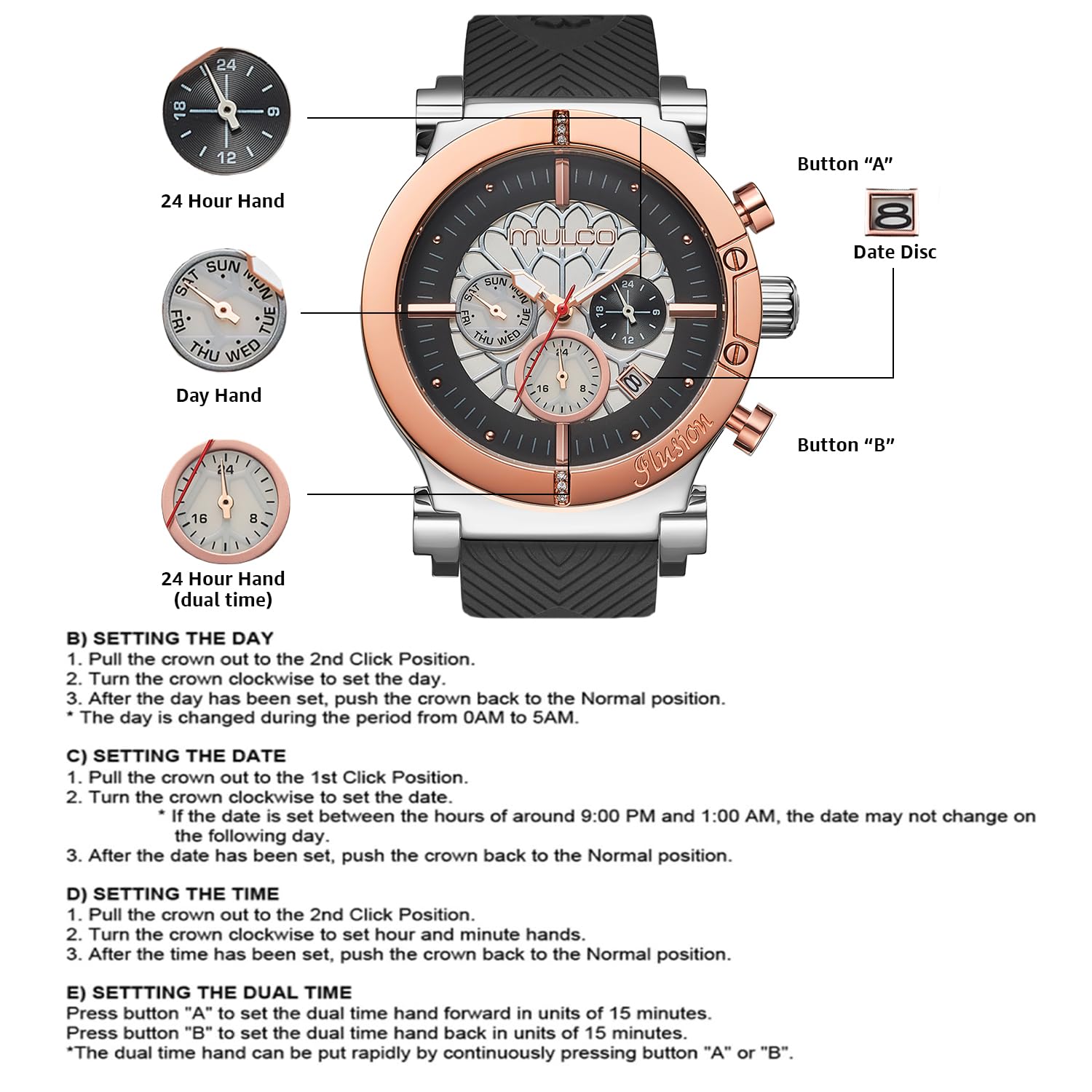 MULCO Dream Catcher - Reloj de mujer - Caja de acero inoxidable de 46 mm, movimiento analógico de cuarzo Miyota JP25, resistente al agua hasta 10 ATM, correa de silicona, multifunción, batería SR621SW