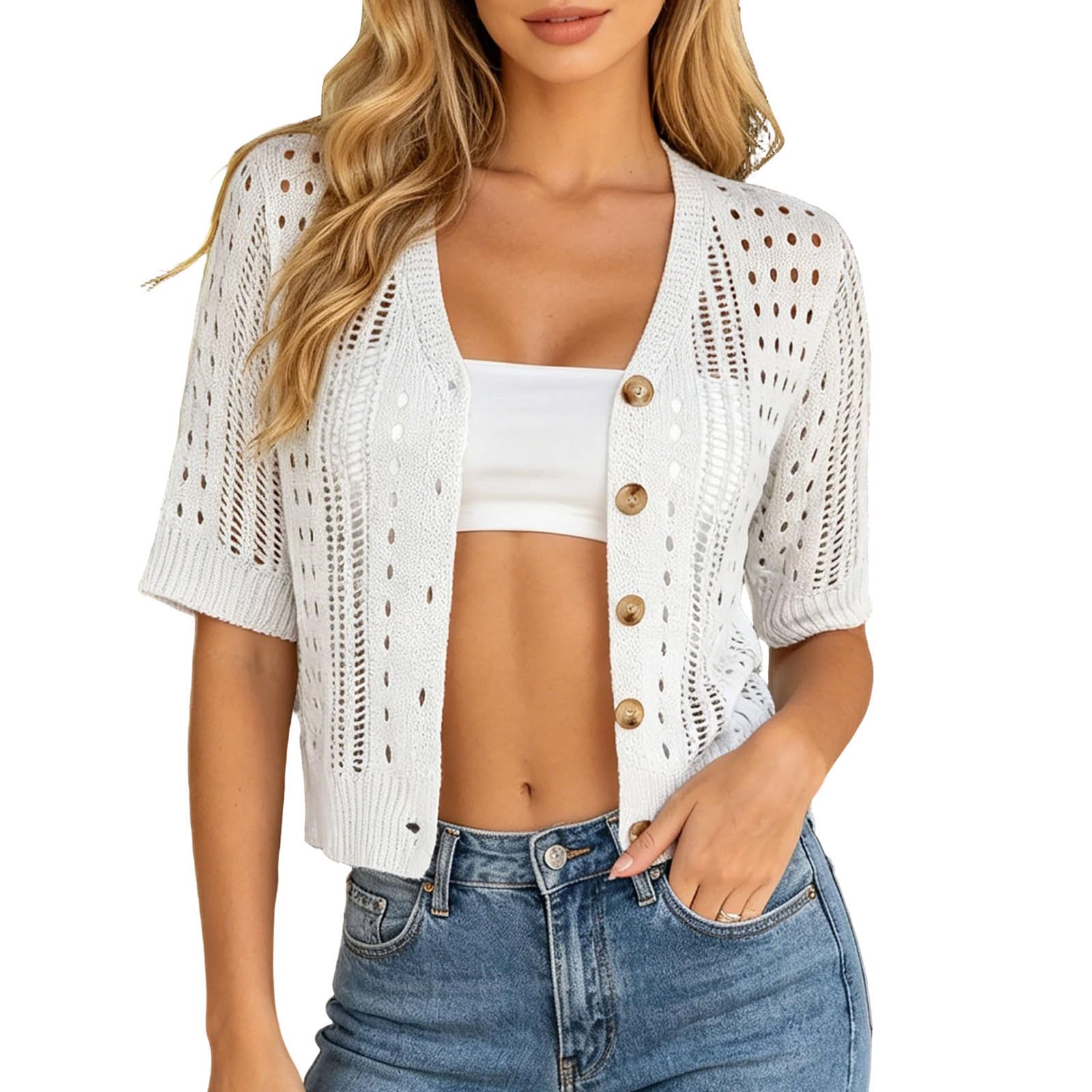 Cardigan Court Femme Manches Courtes en Tricot Ajouré, Col V Boutonné Léger Respirant Cropped Gilet, Veste d'été pour Plage Vacances Sorties Quotidiennes