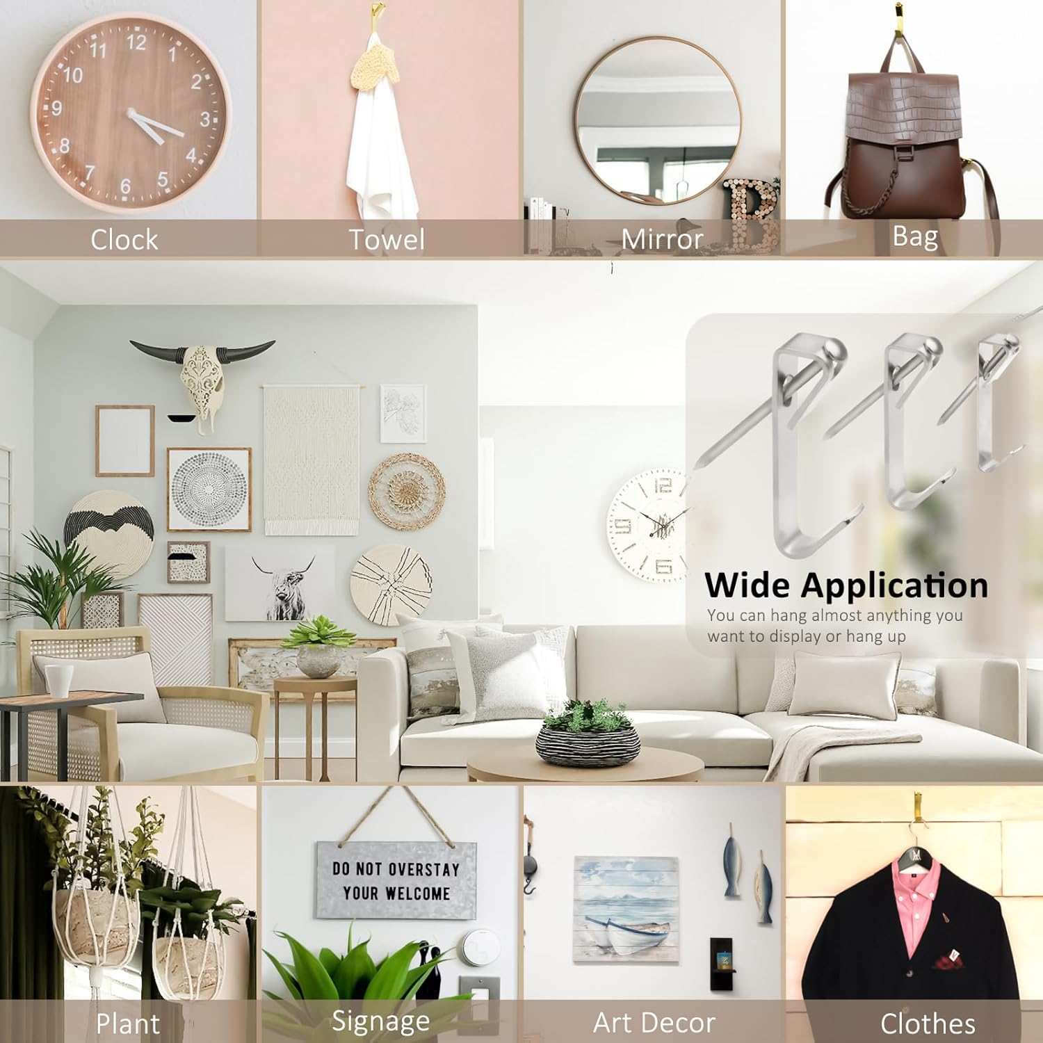 200 Pieces Picture Hangers, 3 Sizes Picture Hanging Kit Including 10lb/30lb/50lb Picture Hanging Hooks, Heavy Duty Picture Hooks with Nails for Drywall Wooden Wall (Silver)
