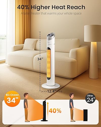 Miniatura 2 de Calentador de espacio para uso en interiores, calentador de espacio de 34 pulgadas para habitaciones grandes, calentador de torre de 1500 W con