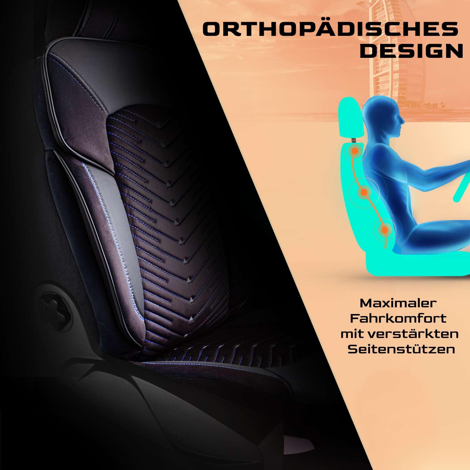 Autositzbezüge Universal für PKW & SUV – Premium Vordersitze Auto Sitzbezug aus Samt, Schwarz-Blau, Airbag-Kompatibel Sitzauflage, Autoschonbezug, Vordersitz-Set inkl. Montageset