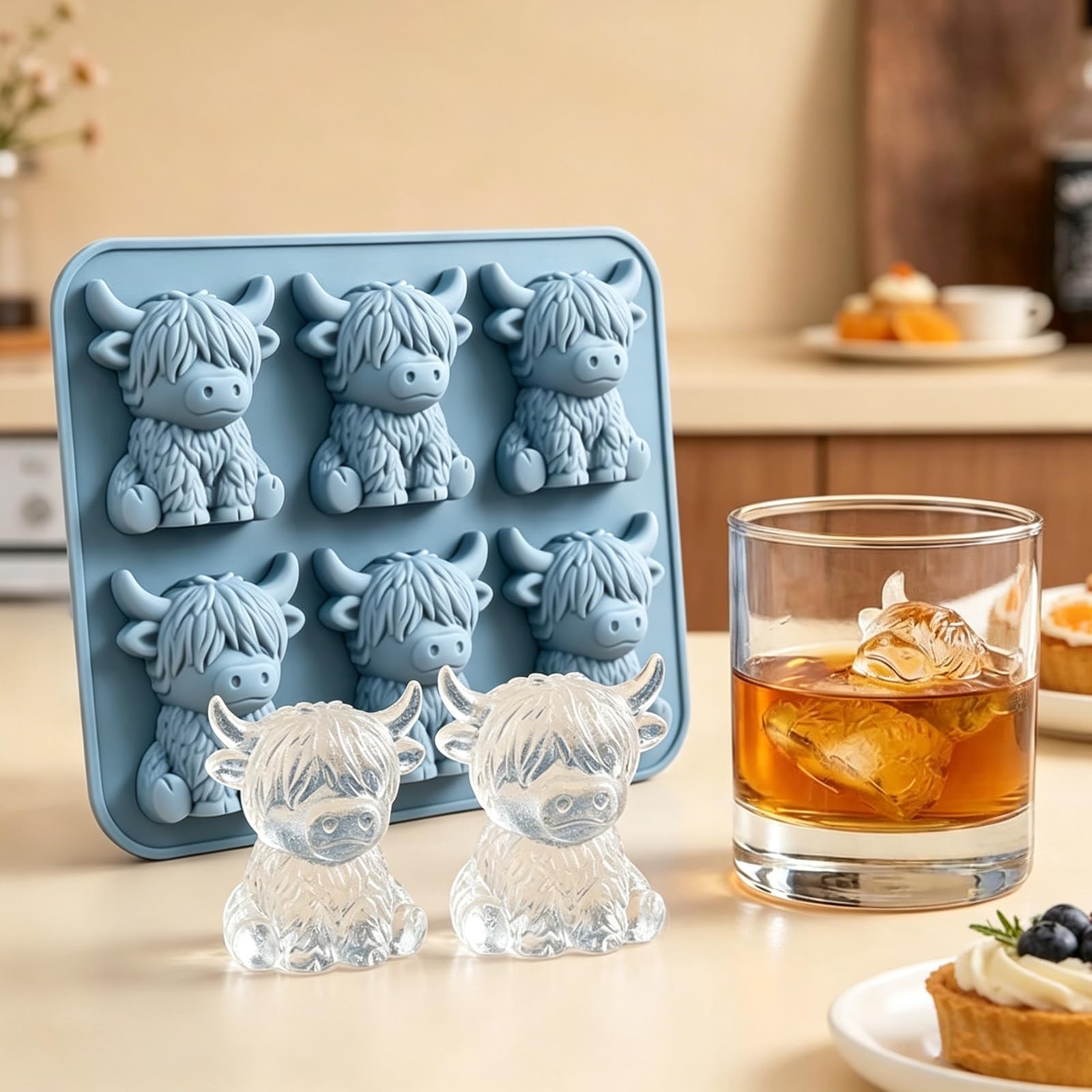 Mini Highland Cow Ice Cube Tray, 6-Grids Silicone Ice Cube Molds for Freezer, Cute Highland Cow Icecube Mold for Whisky, Cocktails, Coffee, Drinks