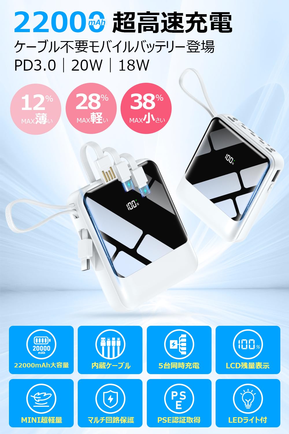 Amazon | モバイルバッテリー 軽量 小型 22000mAh大容量【業界新設計