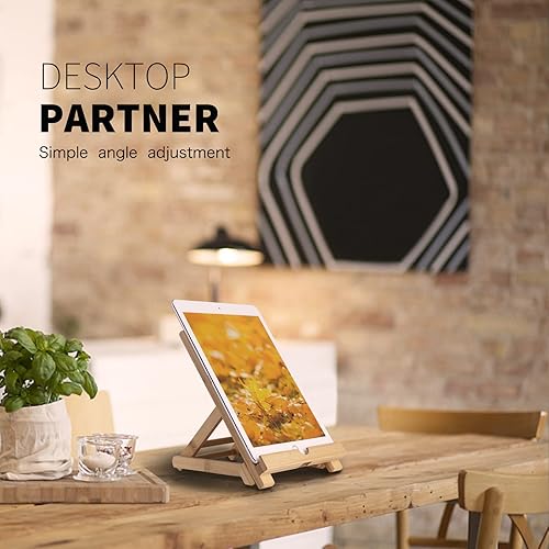 Miniatura 5 de Soporte de bambú para tableta, soporte plegable ajustable para iPad de madera con orificio cargable para escritorio y cocina (Tableta A)