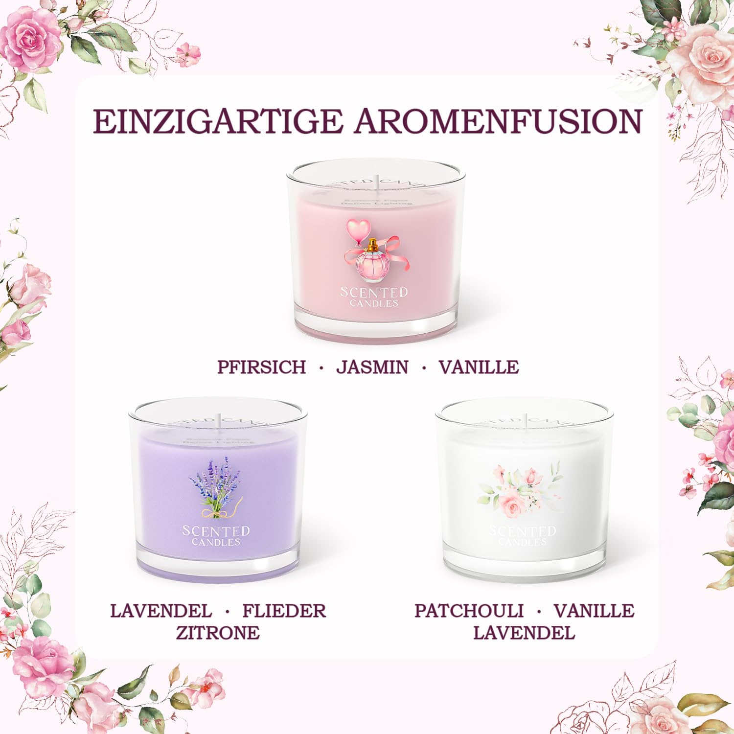 CHILLFLAME Candele Profumate in Vetro, Set di Candele Profumate per Alleviare lo Stress, 3 Candele in Vetro per Donna e Uomo, Regalo di Compleanno per Donna (Rosa + Viola + Bianco, 200g)