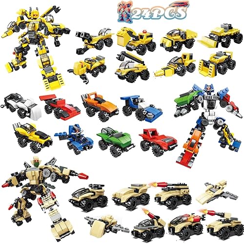 WODMAZ Paquete de 24 bloques de construcción para vehículos, robots, bolsas de regalo, premios de carnaval, suministros de cumpleaños, recuerdos de