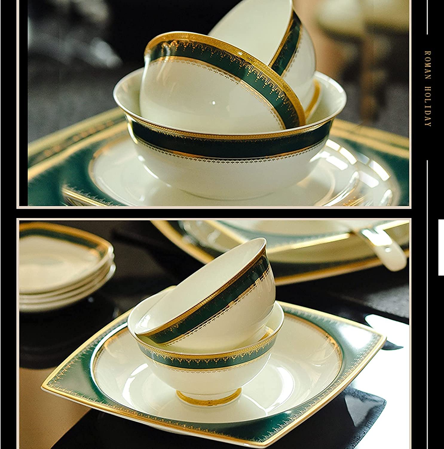 Service d'assiettes à Manger carrées en grès, 58 pièces, Service de Table en Porcelaine Tendre, Service pour 6 à 10 Personnes