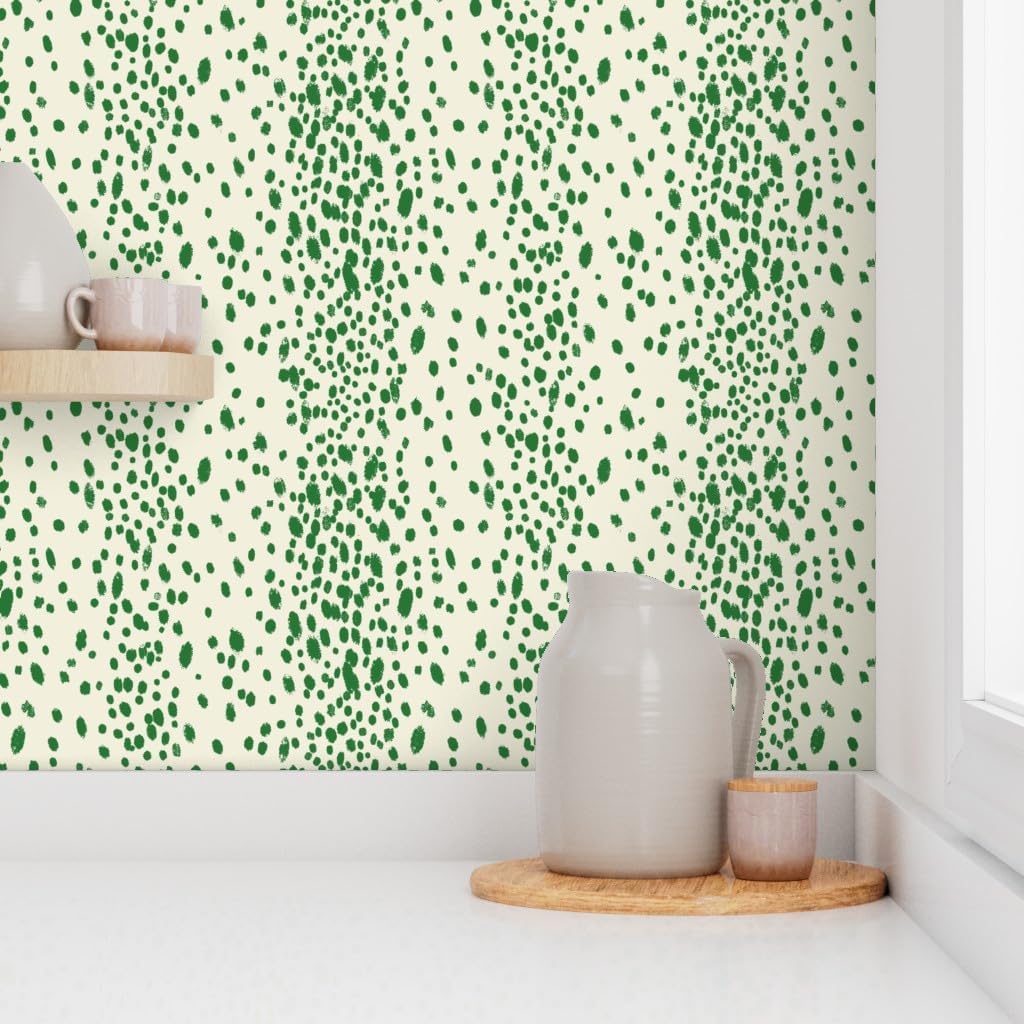 Spoonflower Removable Wallpaper 3ft x 2ft - Dots Warm Emerald Green Ivory Cream Animal Print Paint Dot Ivory White Dalmatian Spots Splatter Custom Pre-Pasted Wallpaper