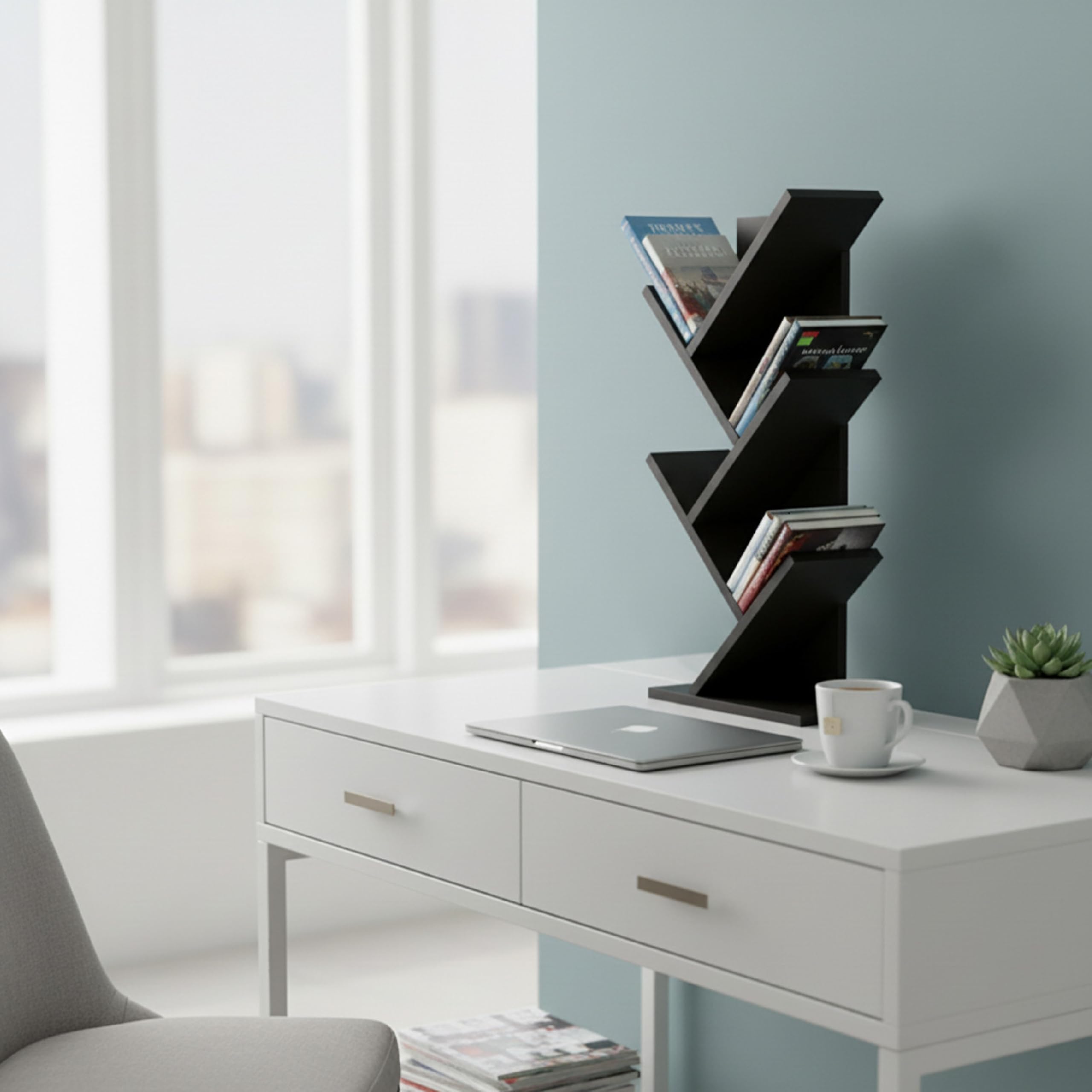Baroni Home Libreria ad Albero Salvaspazio a 4 Ripiani Scaffale Portalibri Verticale da Terra per Soggiorno, Studio e Cameretta, 18x30x 60cm Nera