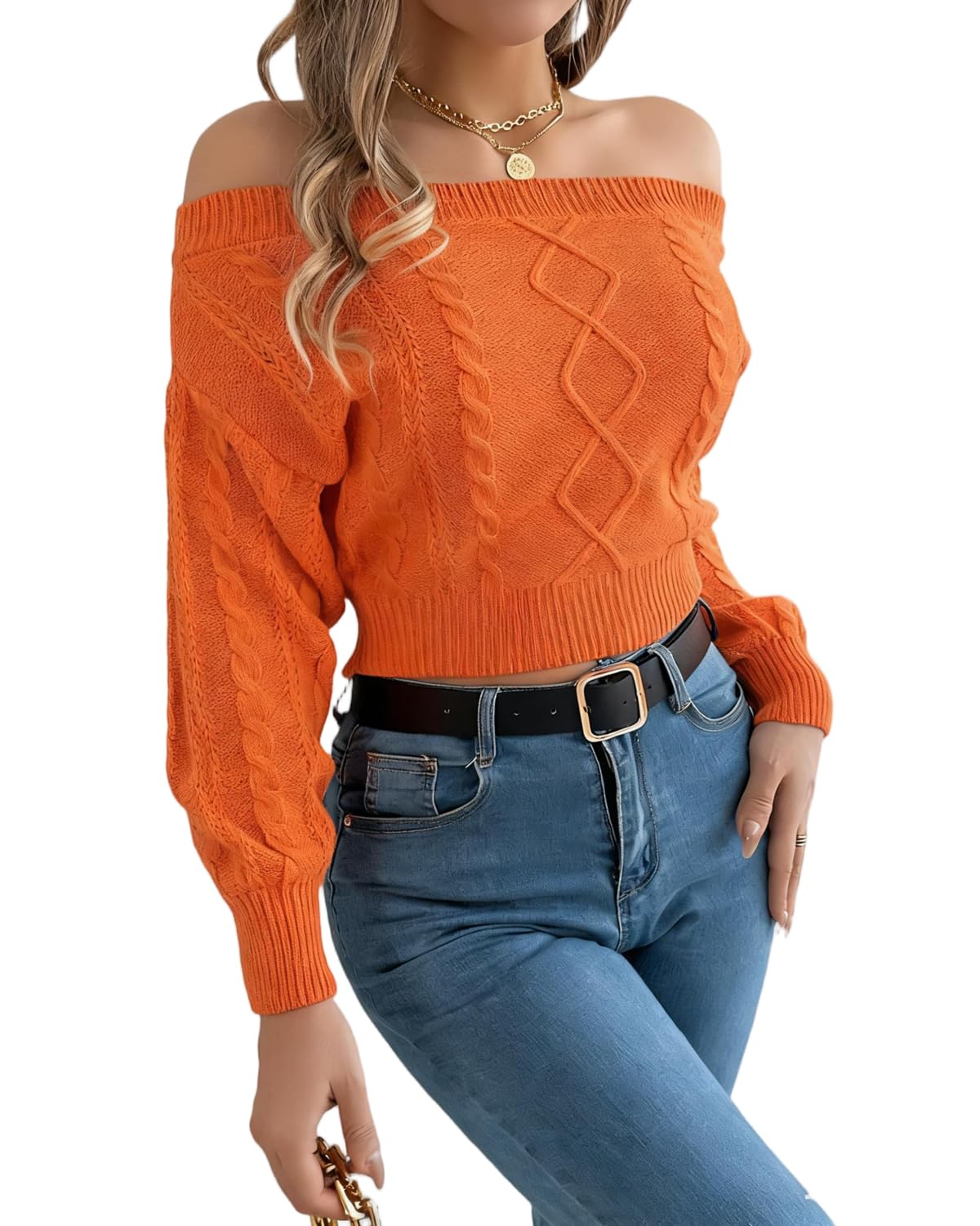 Xixiuly Womens Off Shoulder Cable Knit Long Sleeve Pullover Cropped Sweaters Casual Crop Jumper Tops Trendy Outfits Tops